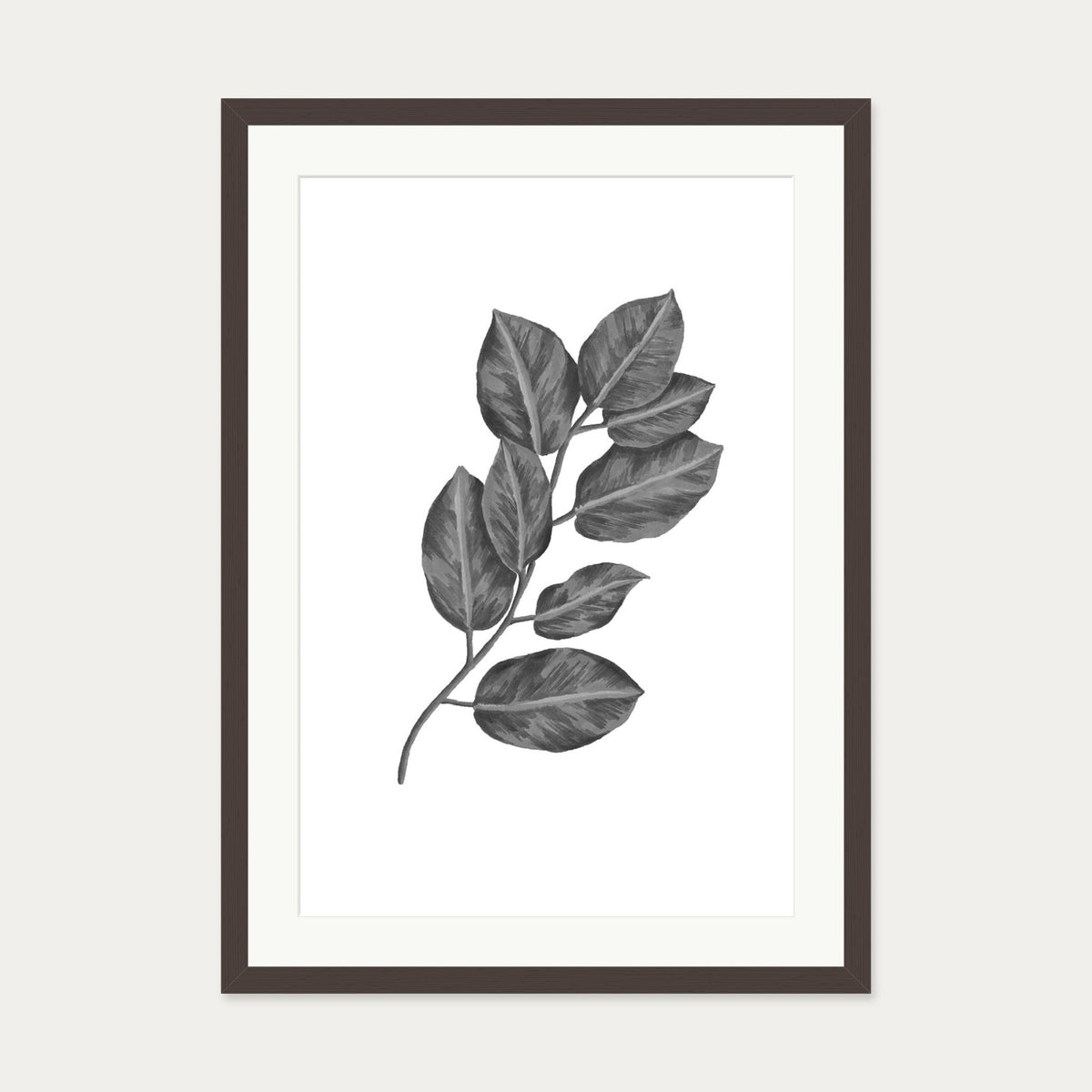 Greyscale Botanical Leaves Art Print — 50 x 70 cm — Brown Frame