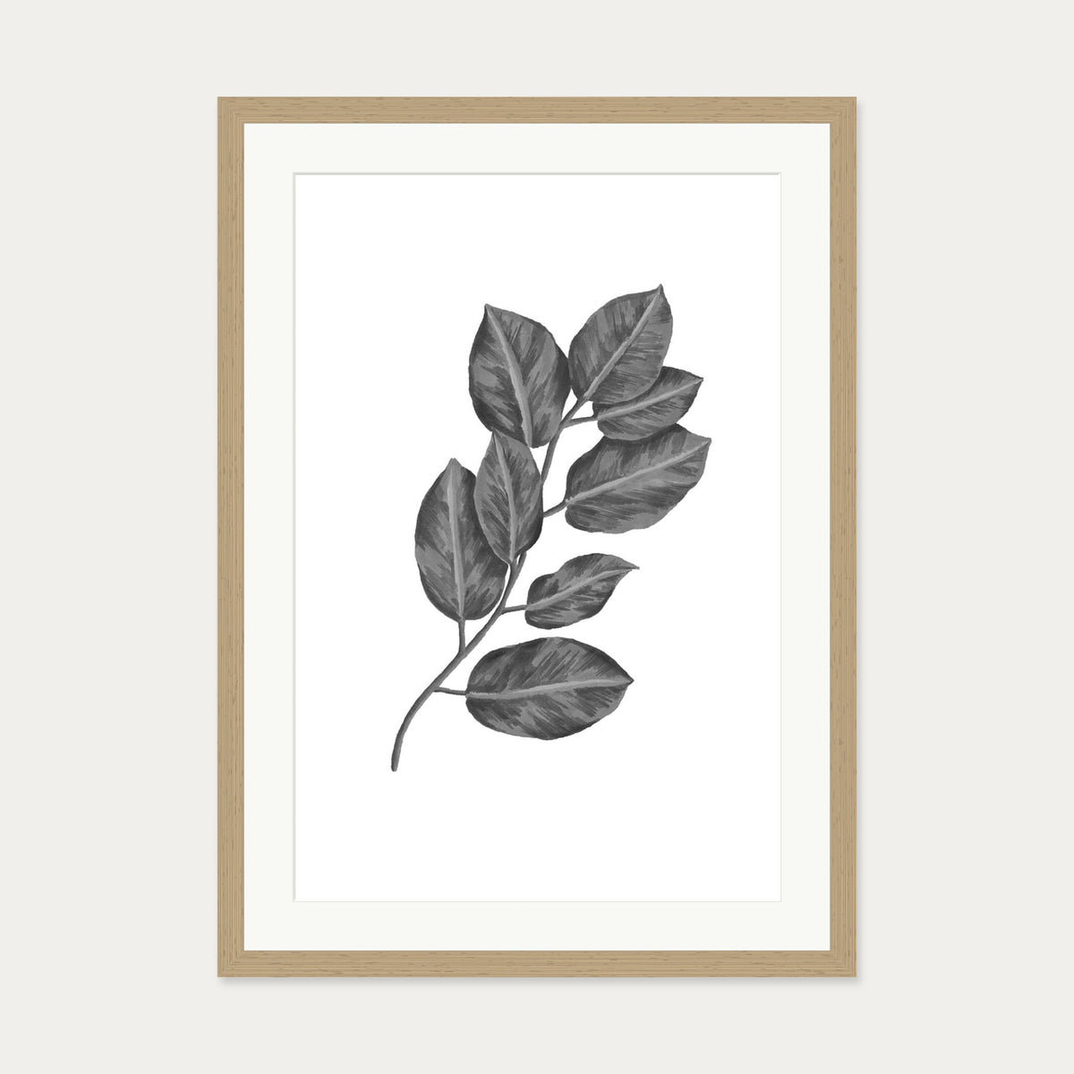 Greyscale Botanical Leaves Art Print — 50 x 70 cm — Oak Frame