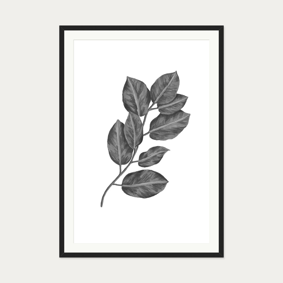 Greyscale Botanical Leaves Art Print — 70 x 100 cm — Black Frame