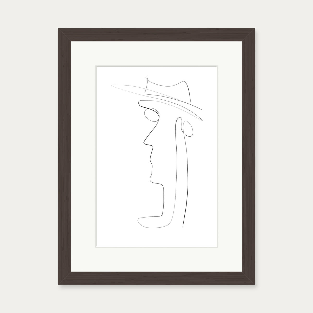 Hat and Face Line Drawing Art Print — 30 x 40 cm — Brown Frame