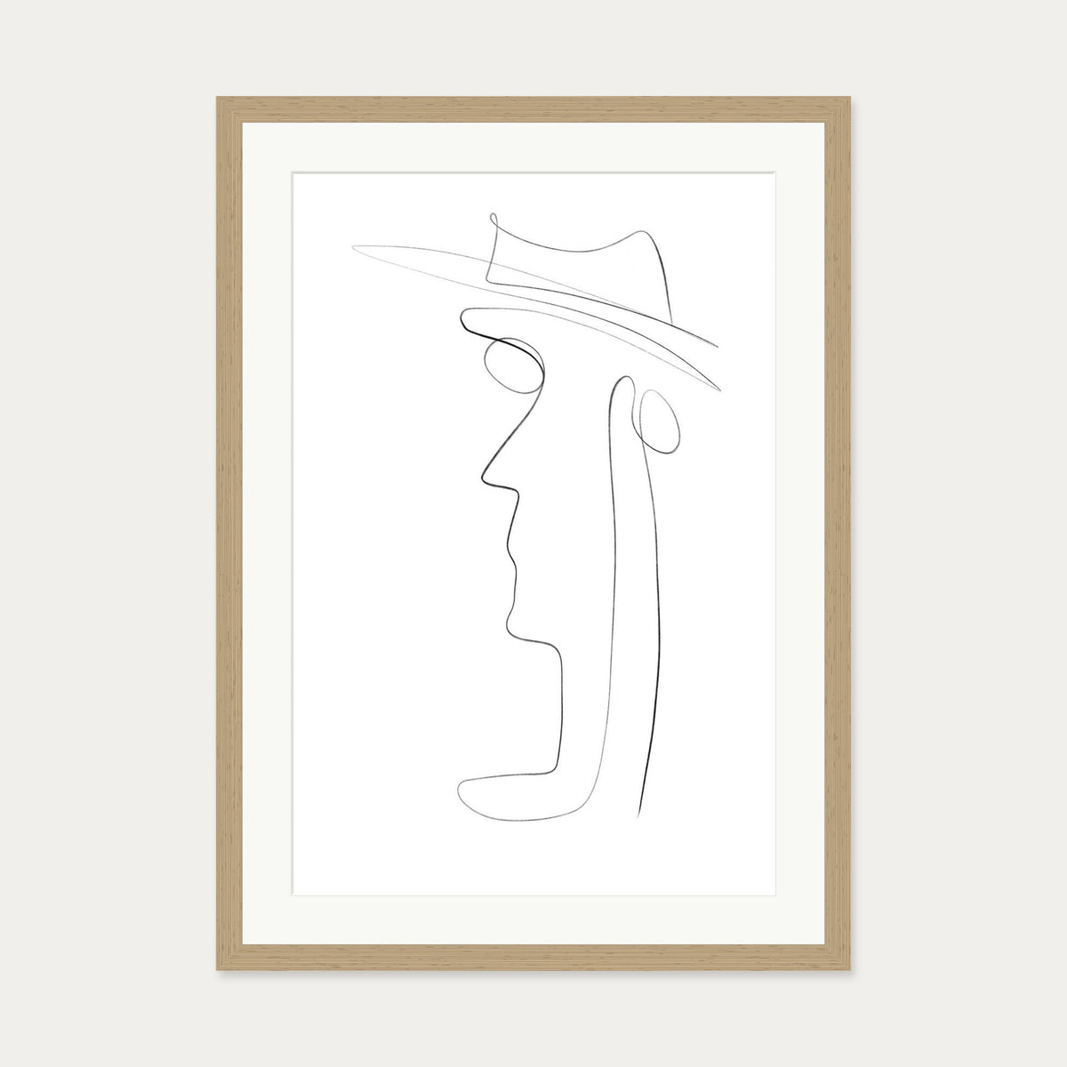 Hat and Face Line Drawing Art Print — 50 x 70 cm — Oak Frame