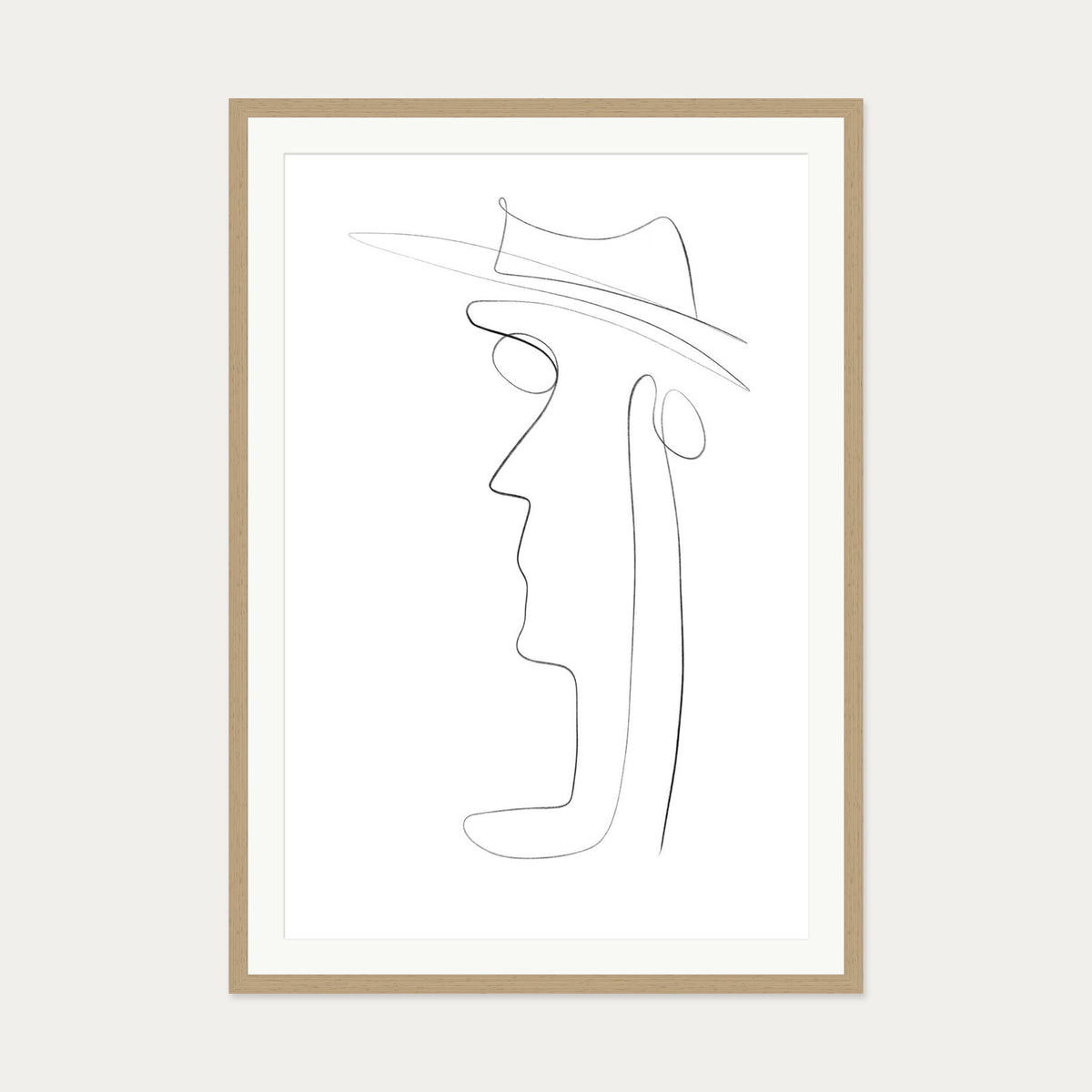 Hat and Face Line Drawing Art Print — 70 x 100 cm — Oak Frame