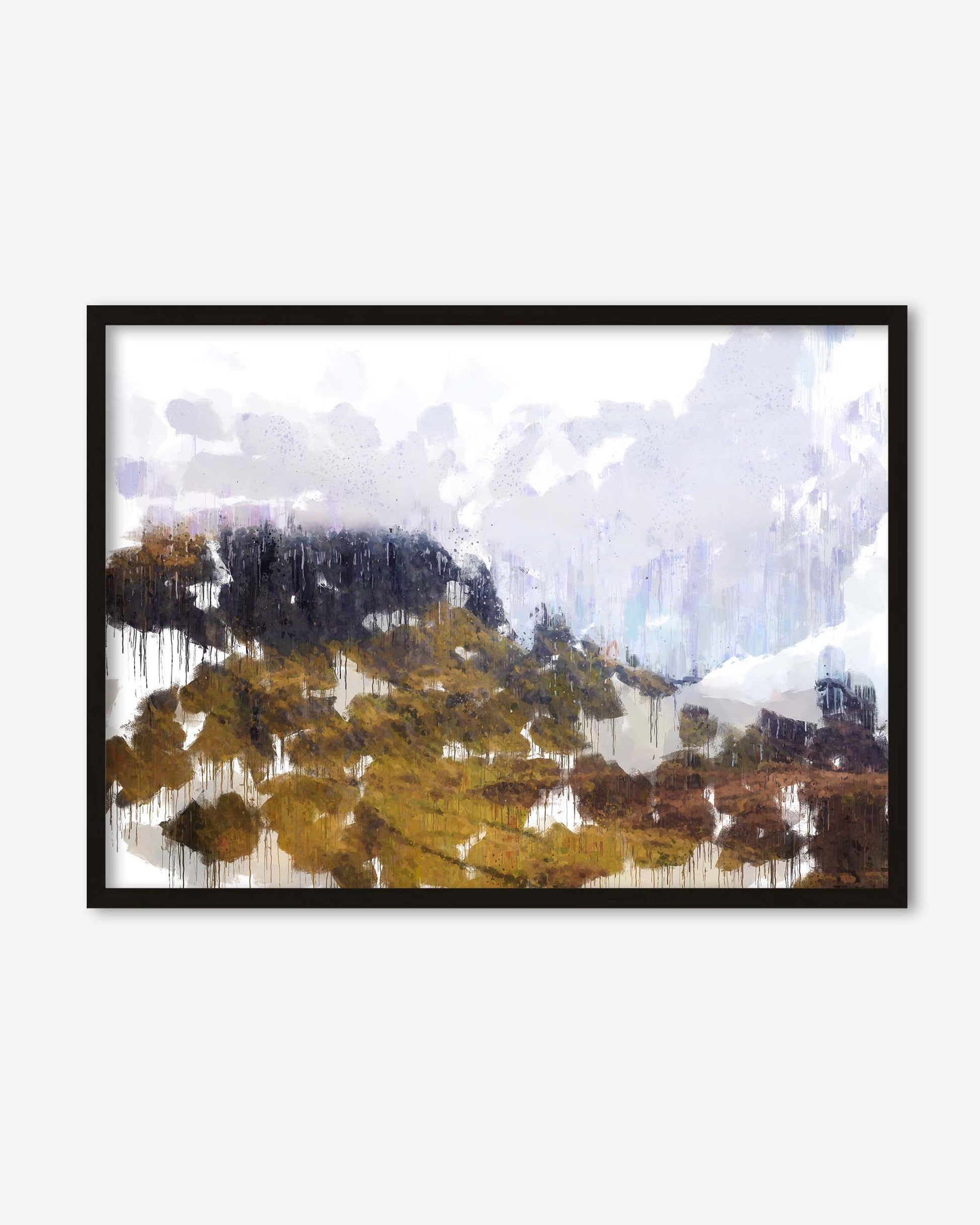 Framed artwork of a mountain landscape with reflective water and clouds.