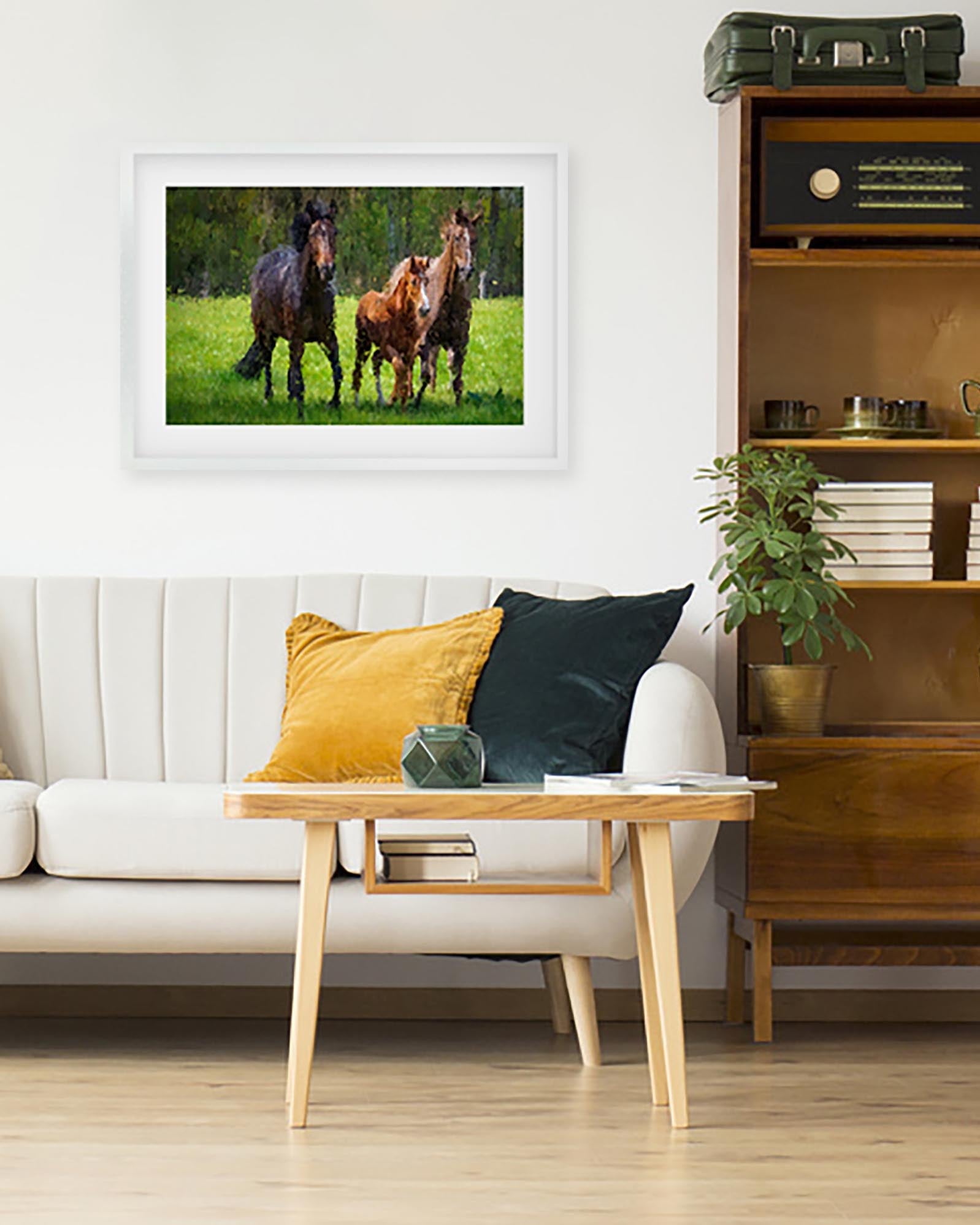 Living room with a framed picture of horses on the wall, white sofa, wooden coffee table, and bookshelf.