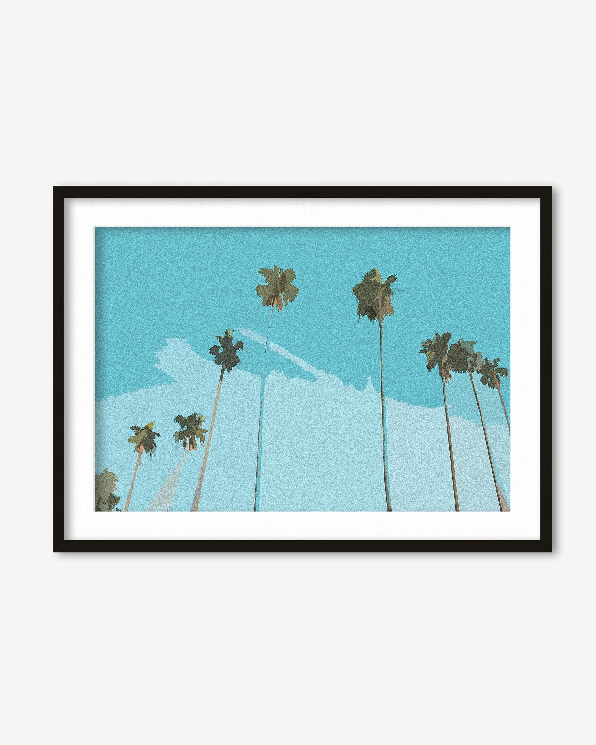 Framed artwork of palm trees against a blue sky with white clouds.