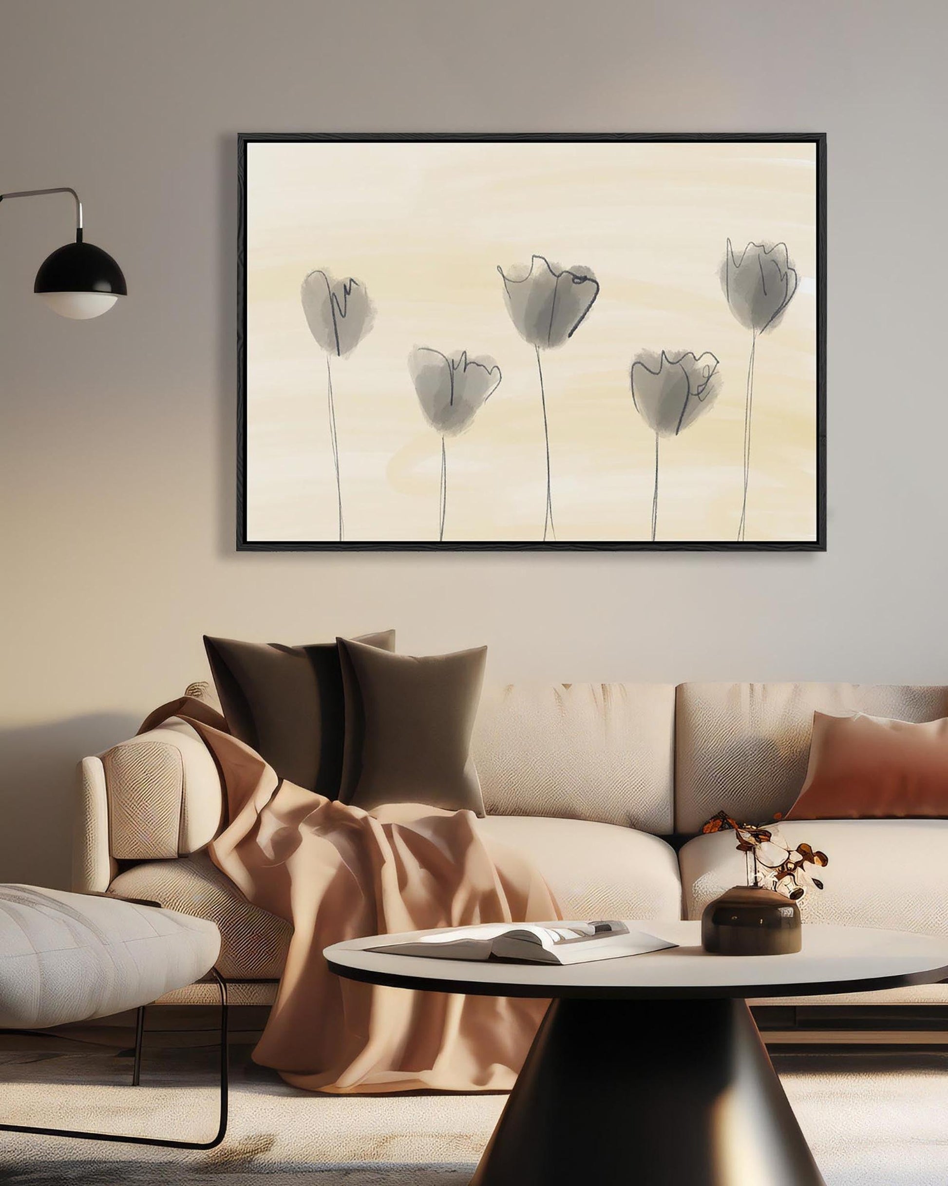 Living room with a beige sofa, coffee table, and wall art of abstract flowers.