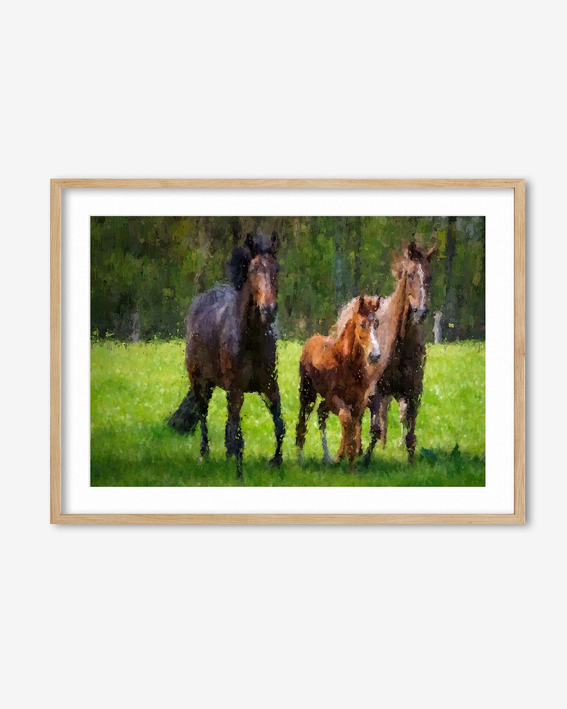 Framed artwork of three horses in a grassy field