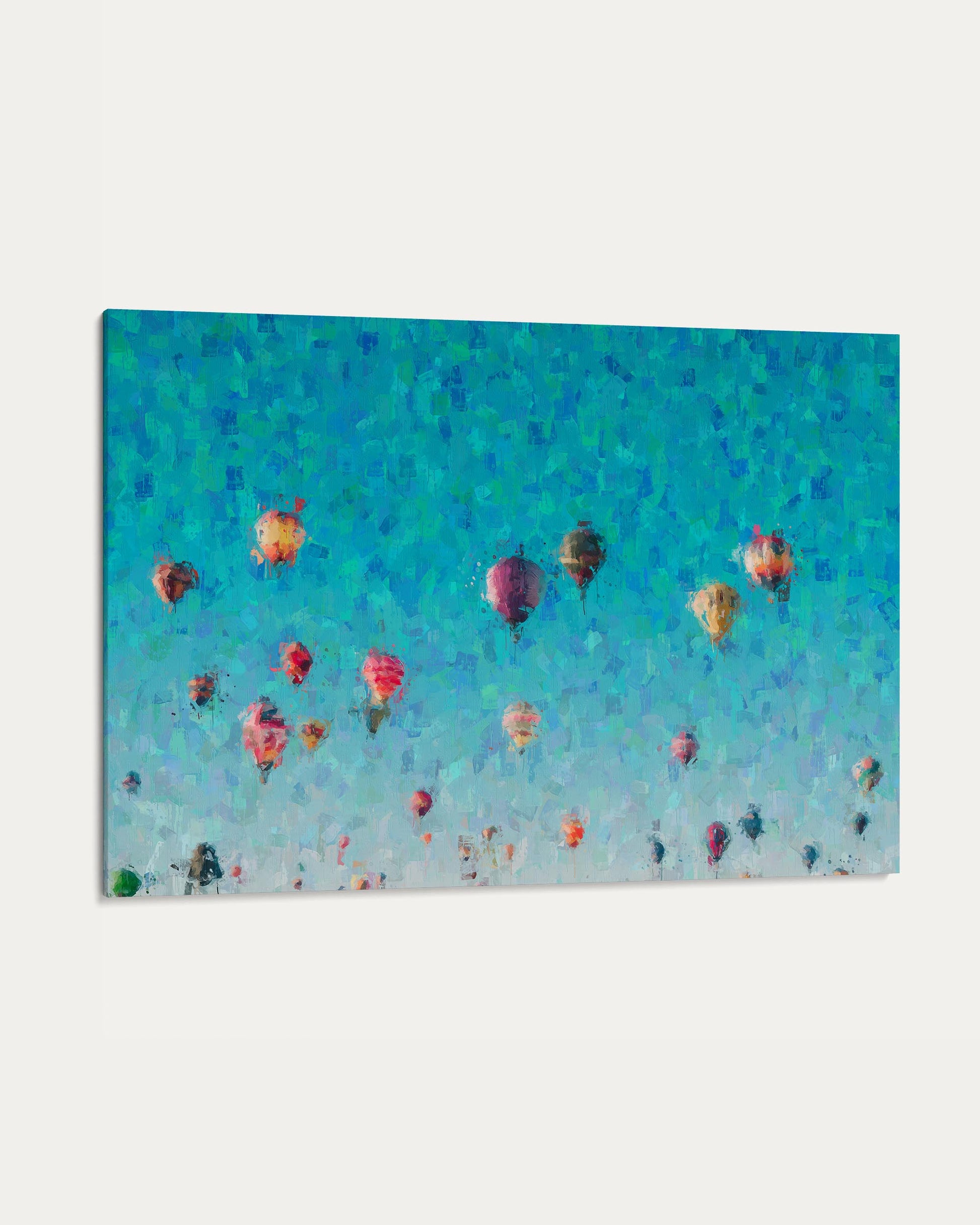 Colorful hot air balloons against a blue sky with a patterned texture