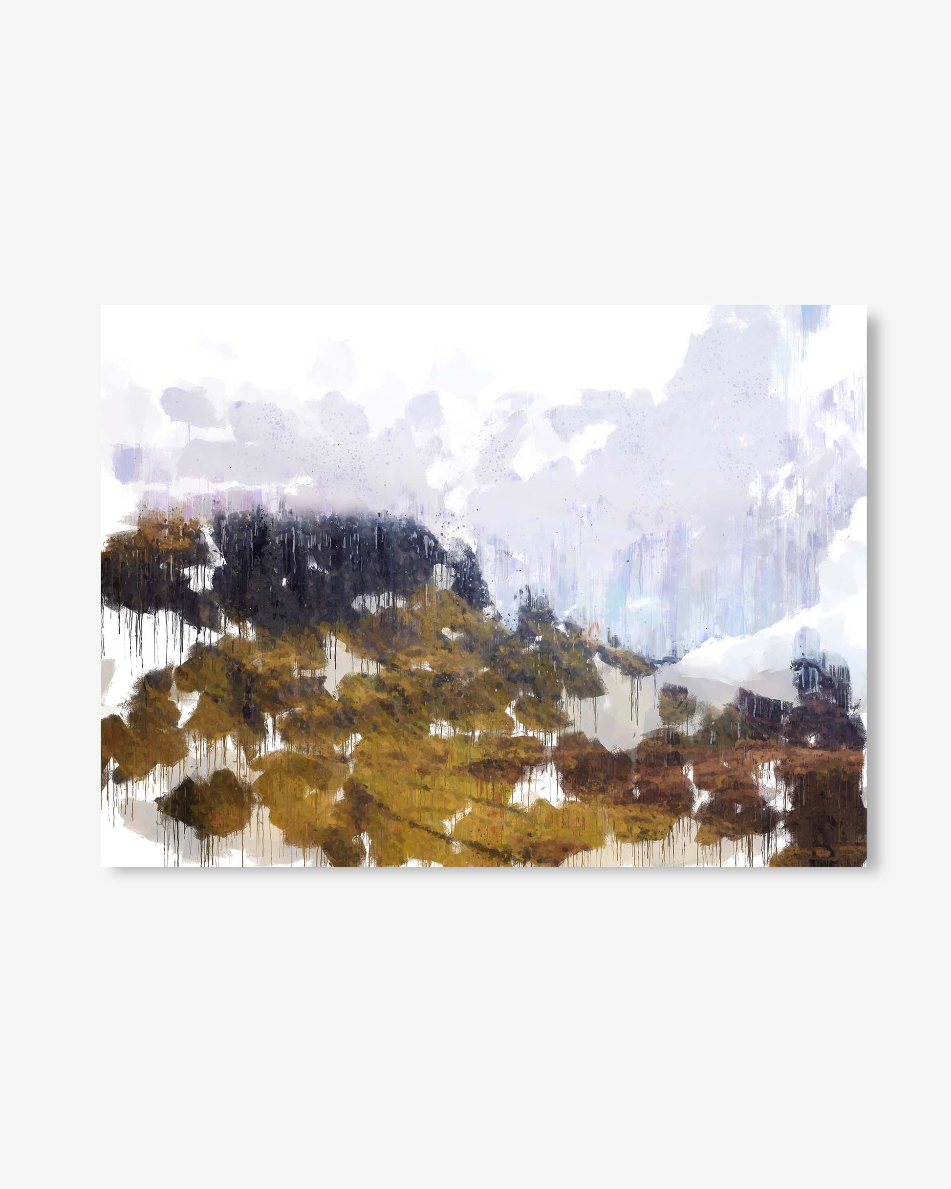 Abstract art piece with splashes of blue, white, and brown on a white background