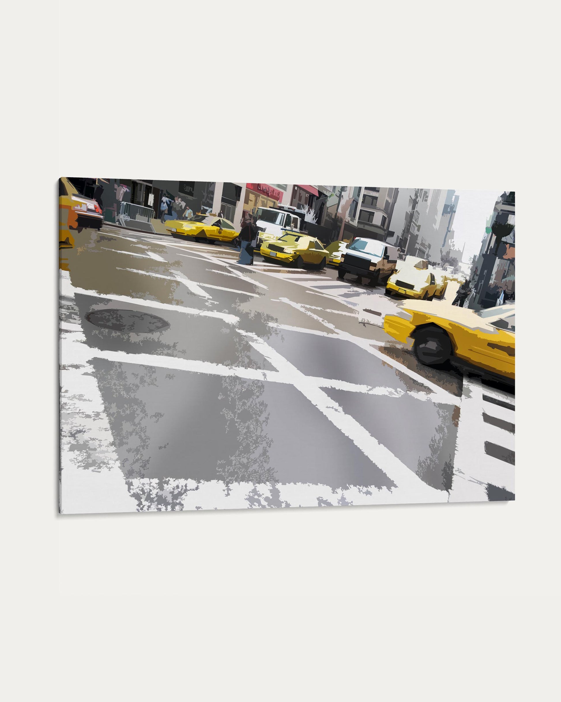 City street with yellow taxis and pedestrians on a rainy day