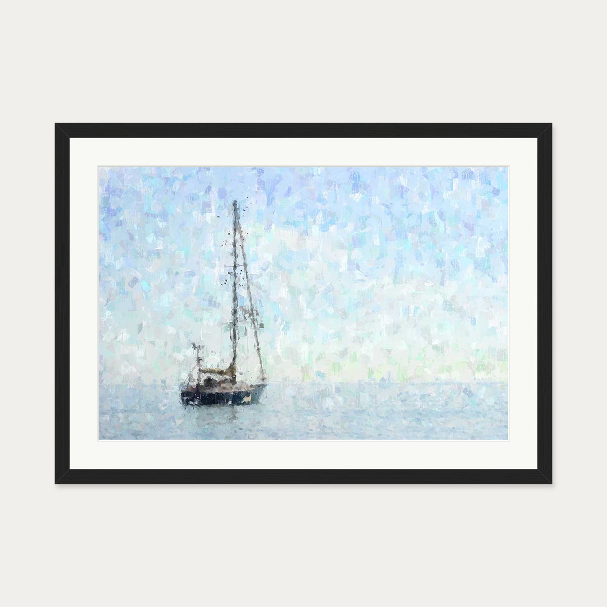 Impressionist Sky Blue Boat Art Print — 50 x 70 cm — Black Frame