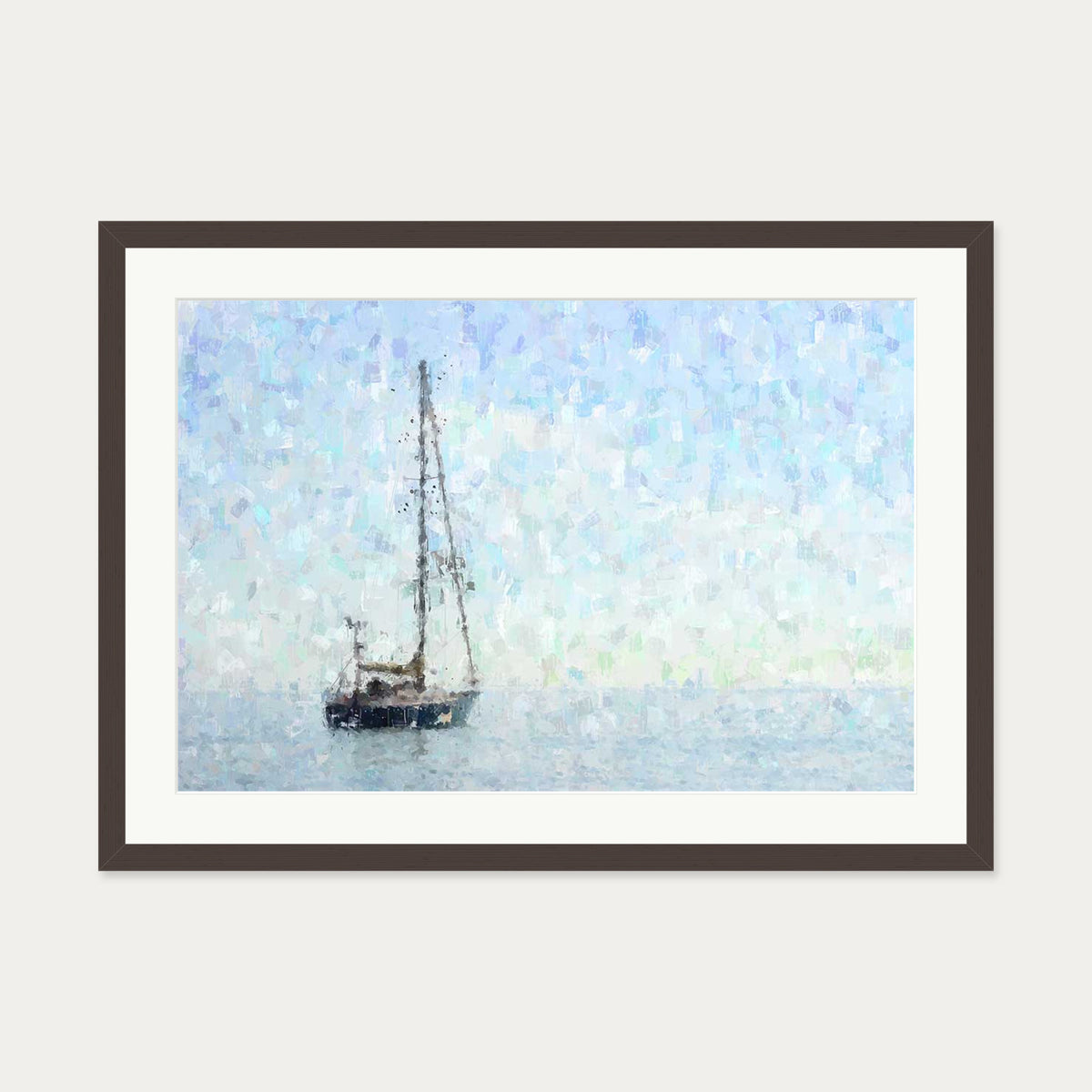Impressionist Sky Blue Boat Art Print — 50 x 70 cm — Brown Frame