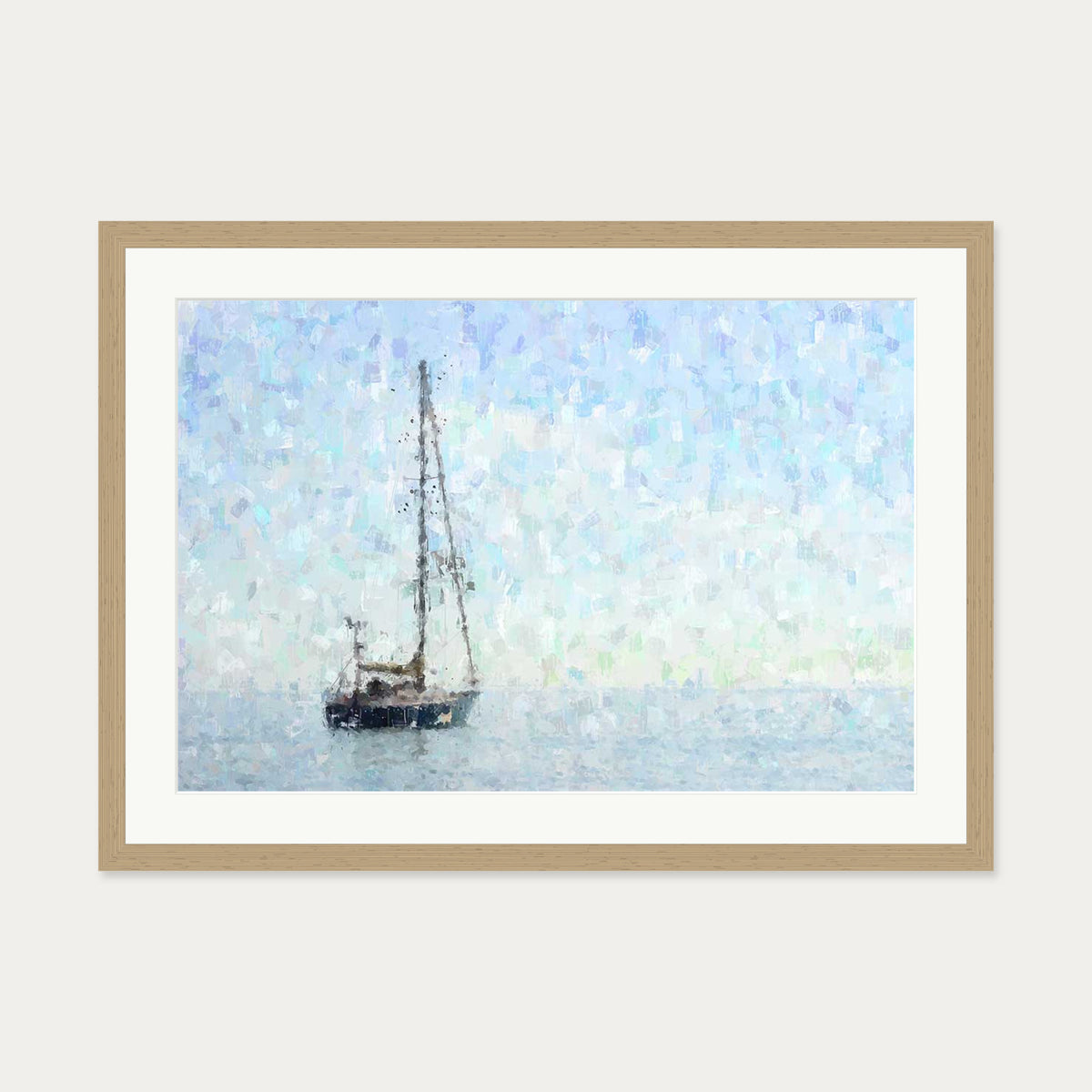 Impressionist Sky Blue Boat Art Print — 50 x 70 cm — Oak Frame