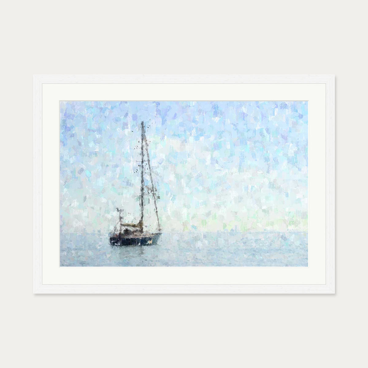Impressionist Sky Blue Boat Art Print — 50 x 70 cm — White Frame