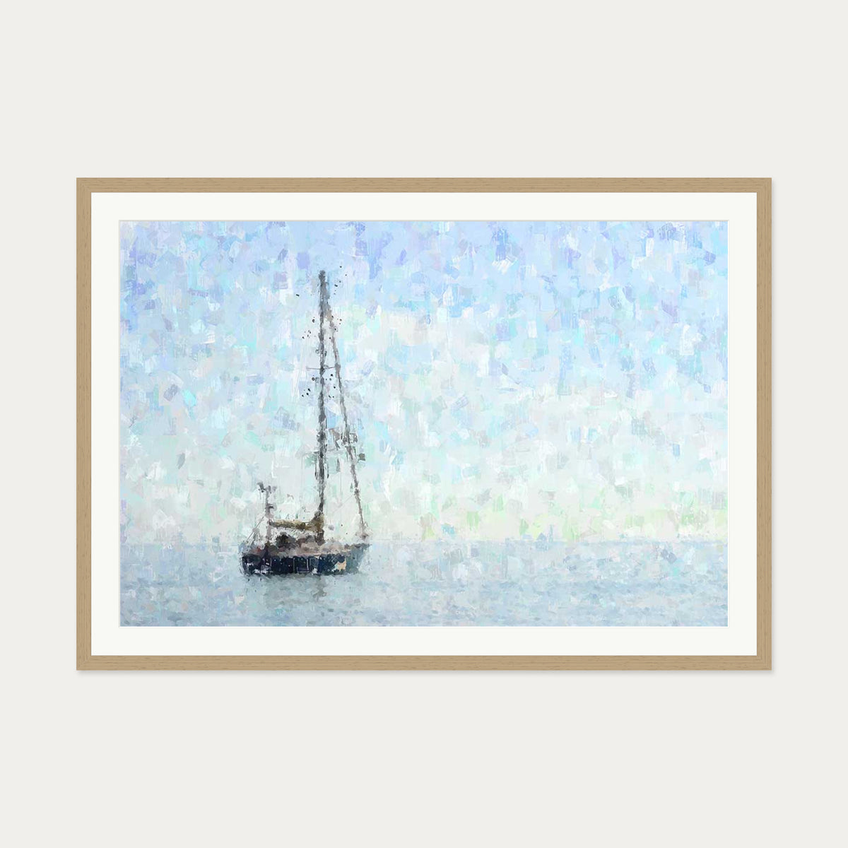 Impressionist Sky Blue Boat Art Print — 70 x 100 cm — Oak Frame