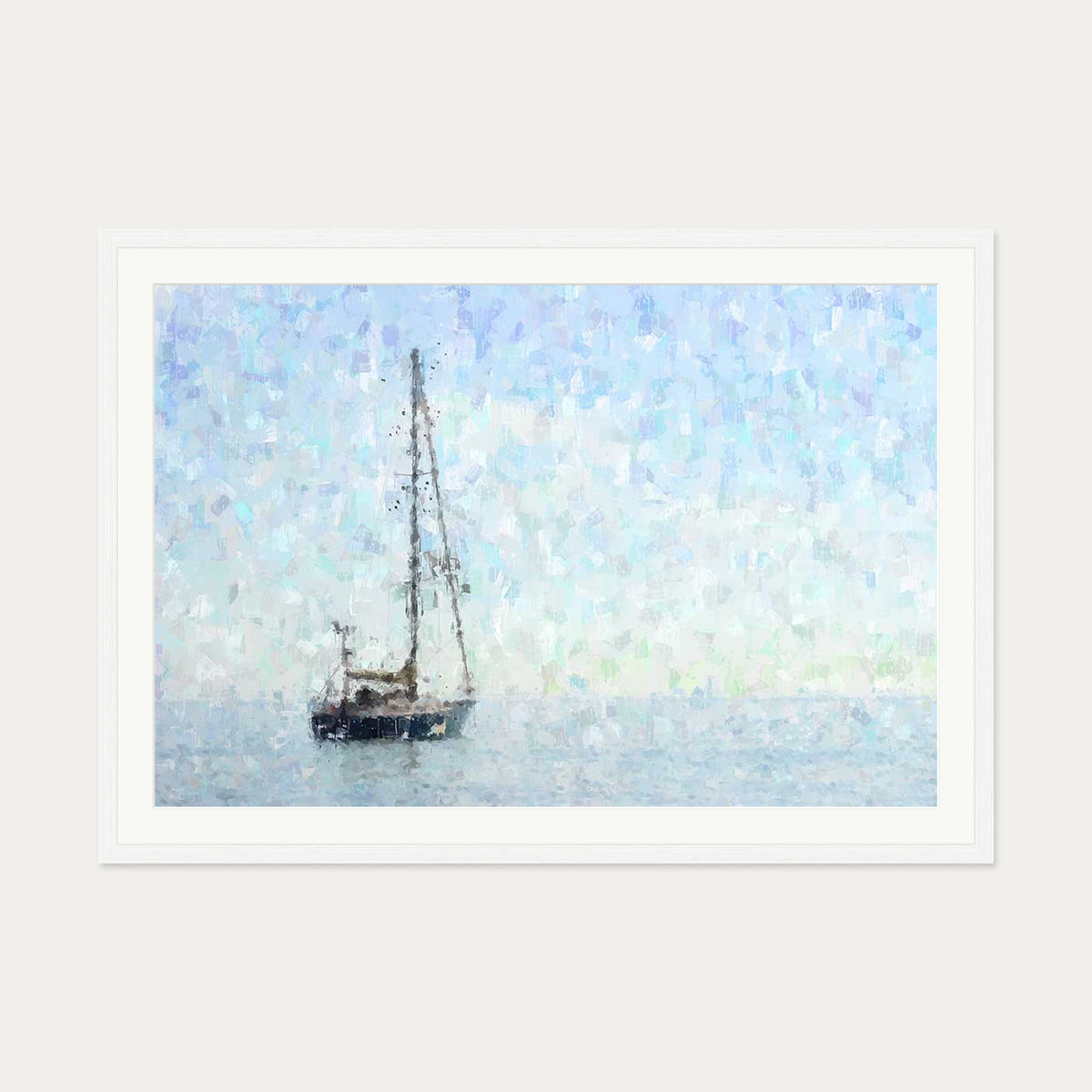 Impressionist Sky Blue Boat Art Print — 70 x 100 cm — White Frame