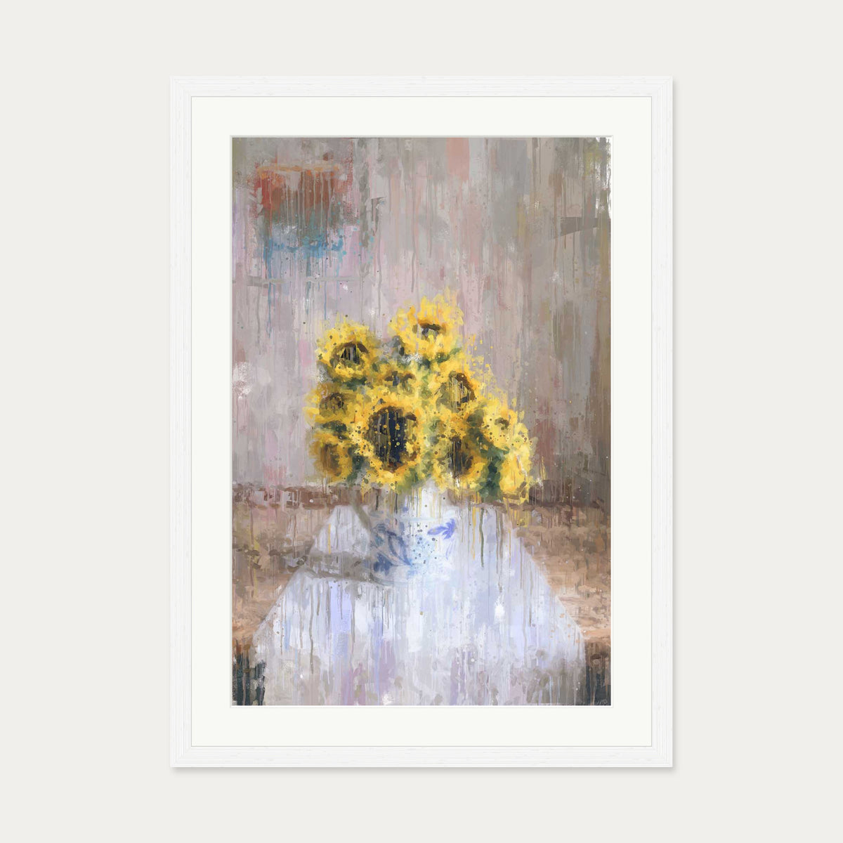 Impressionist Sunflowers In A Vase Art Print — 50 x 70 cm — White Frame