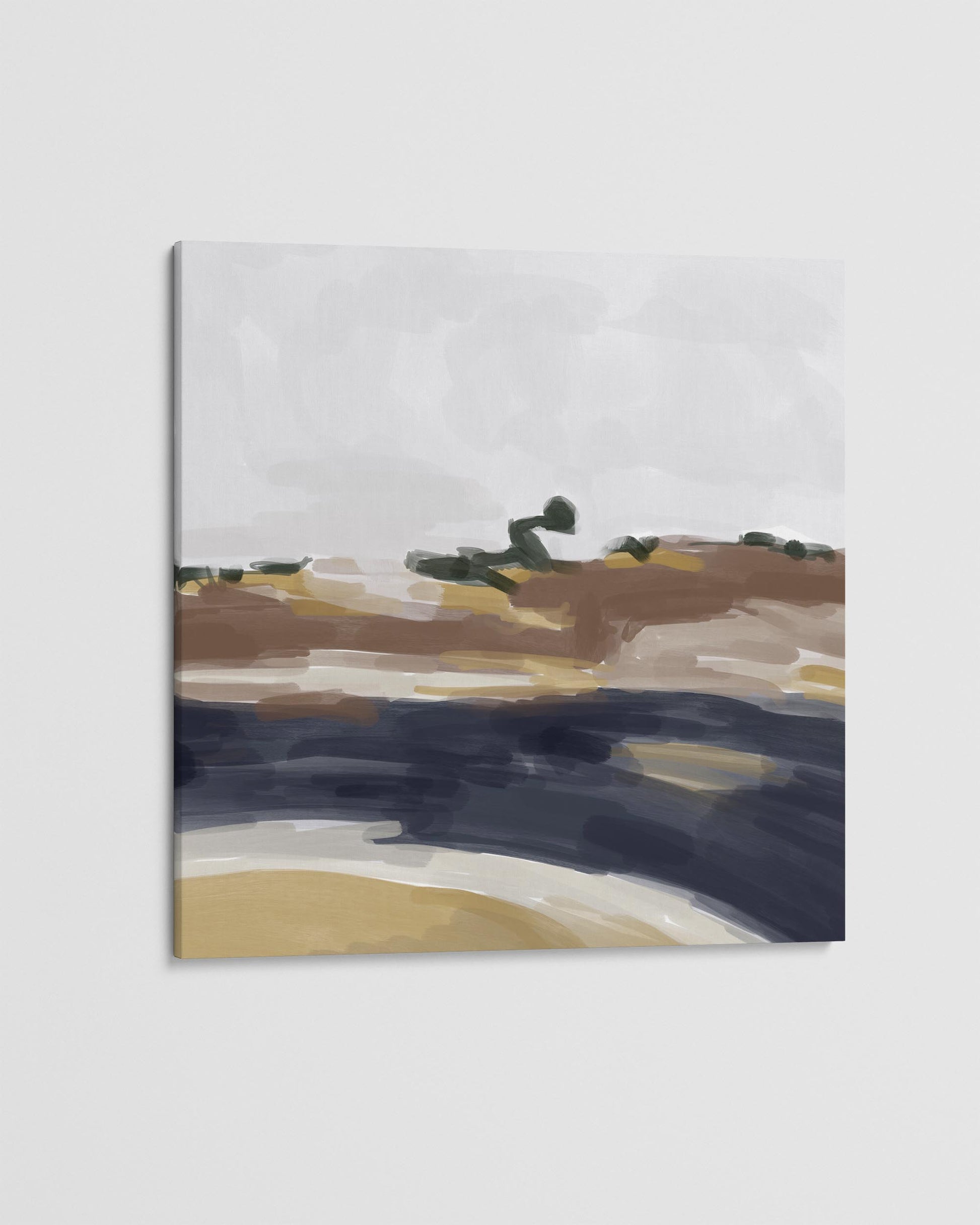 Abstract landscape painting with a river and mountains on a light gray background