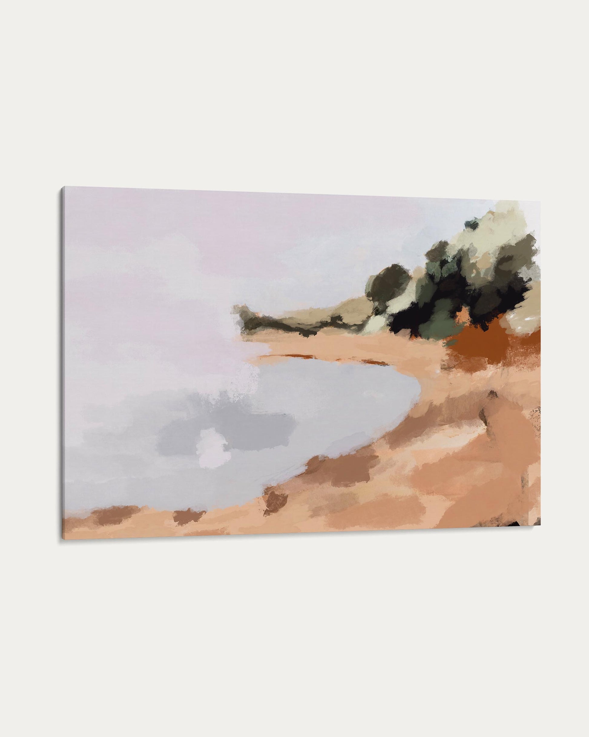Abstract painting of a landscape with trees and water on a white background