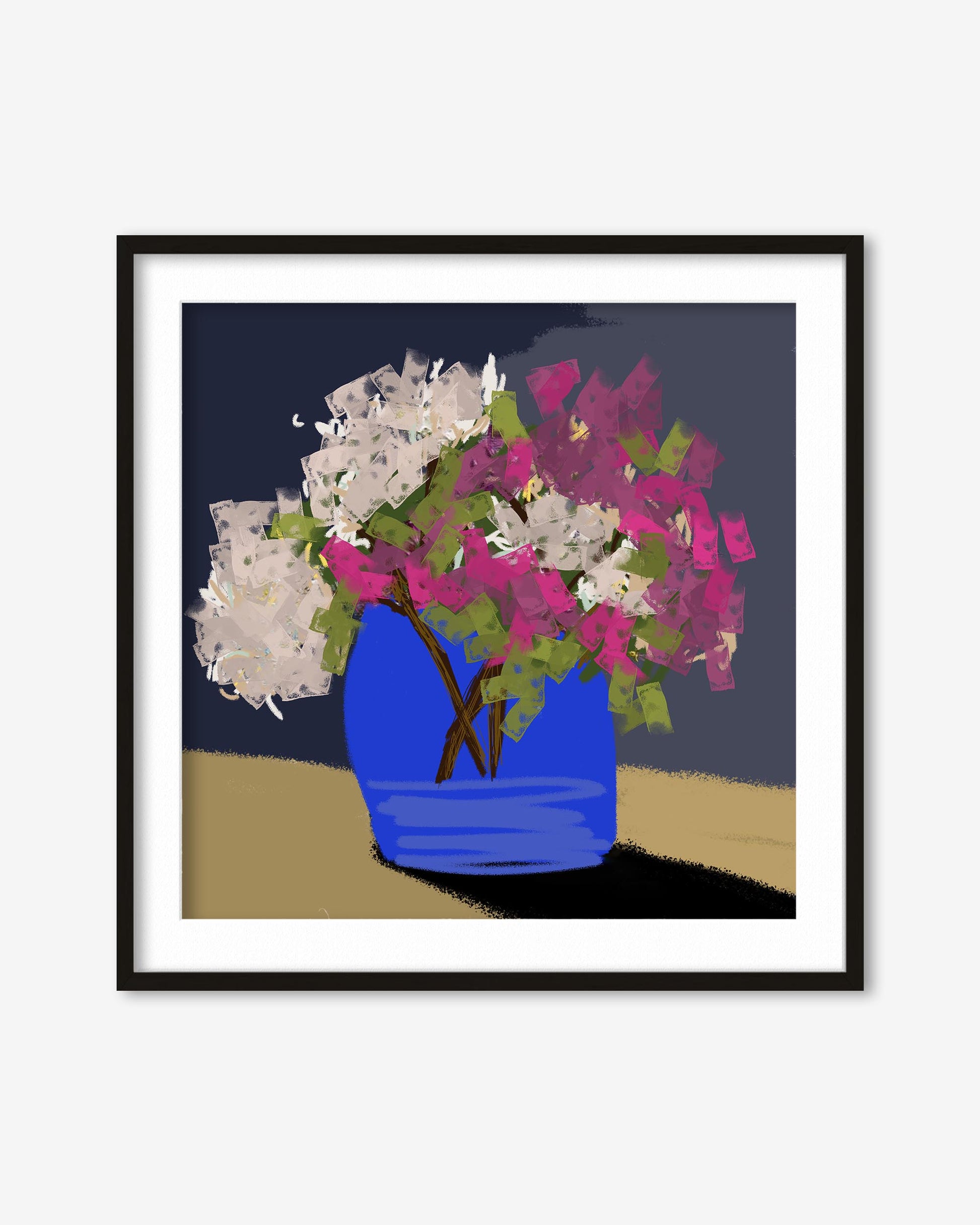 Framed artwork of a blue vase with pink and white flowers on a plain background