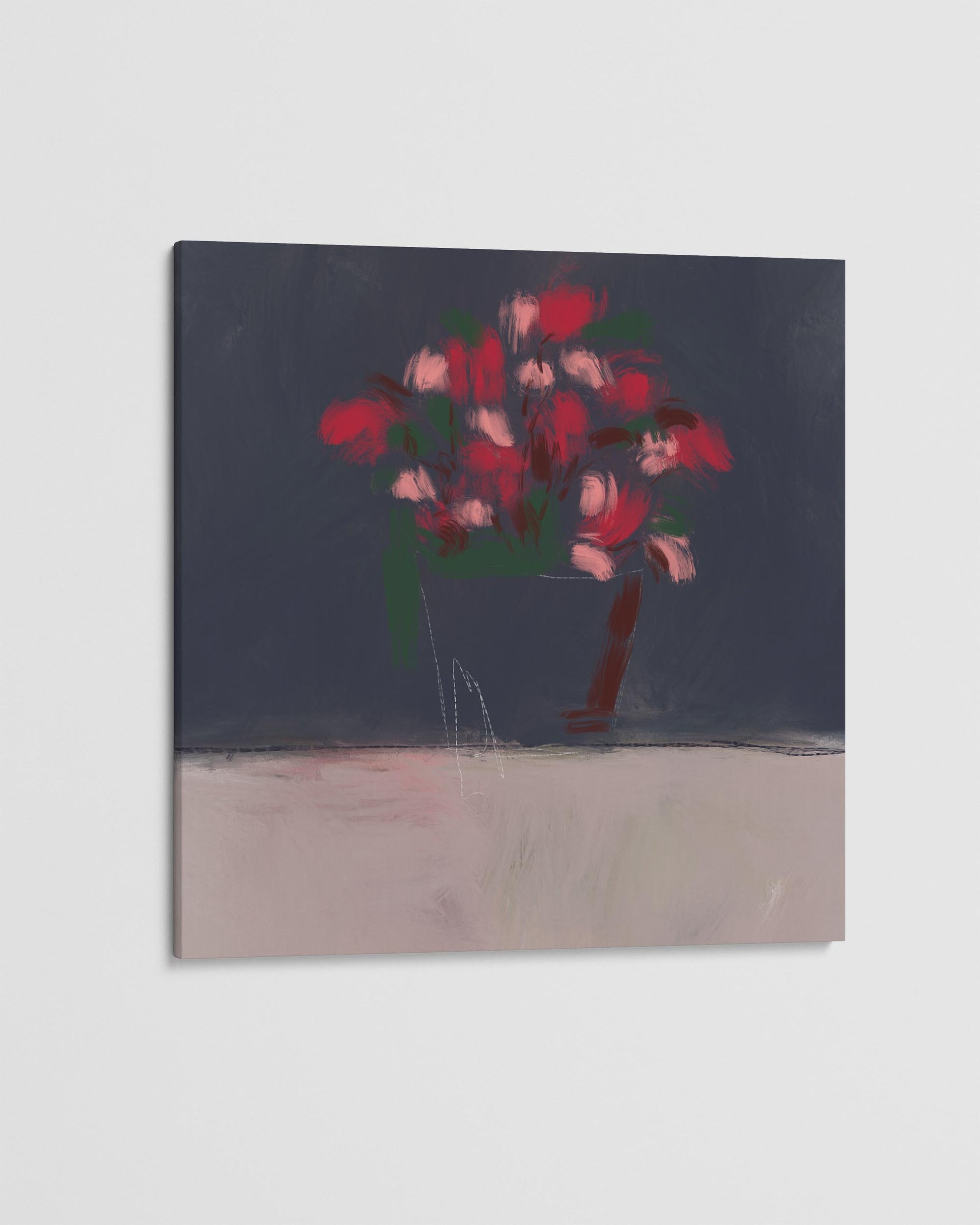 Abstract painting of red flowers on a dark background