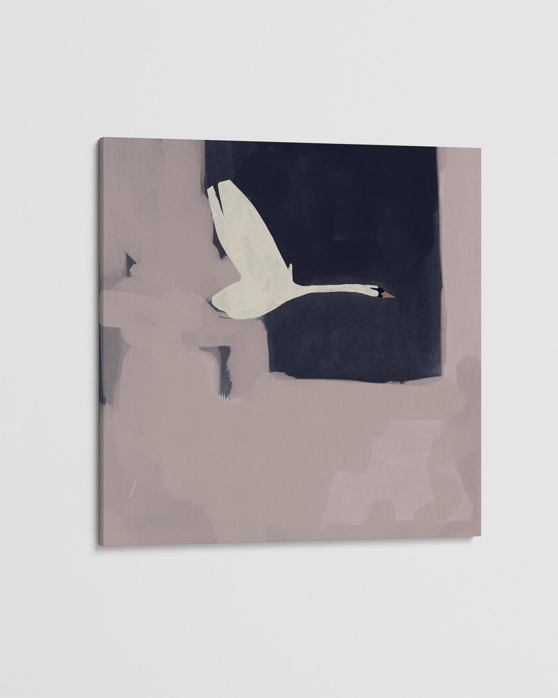 Abstract art piece with a swan silhouette on a dark blue and beige background