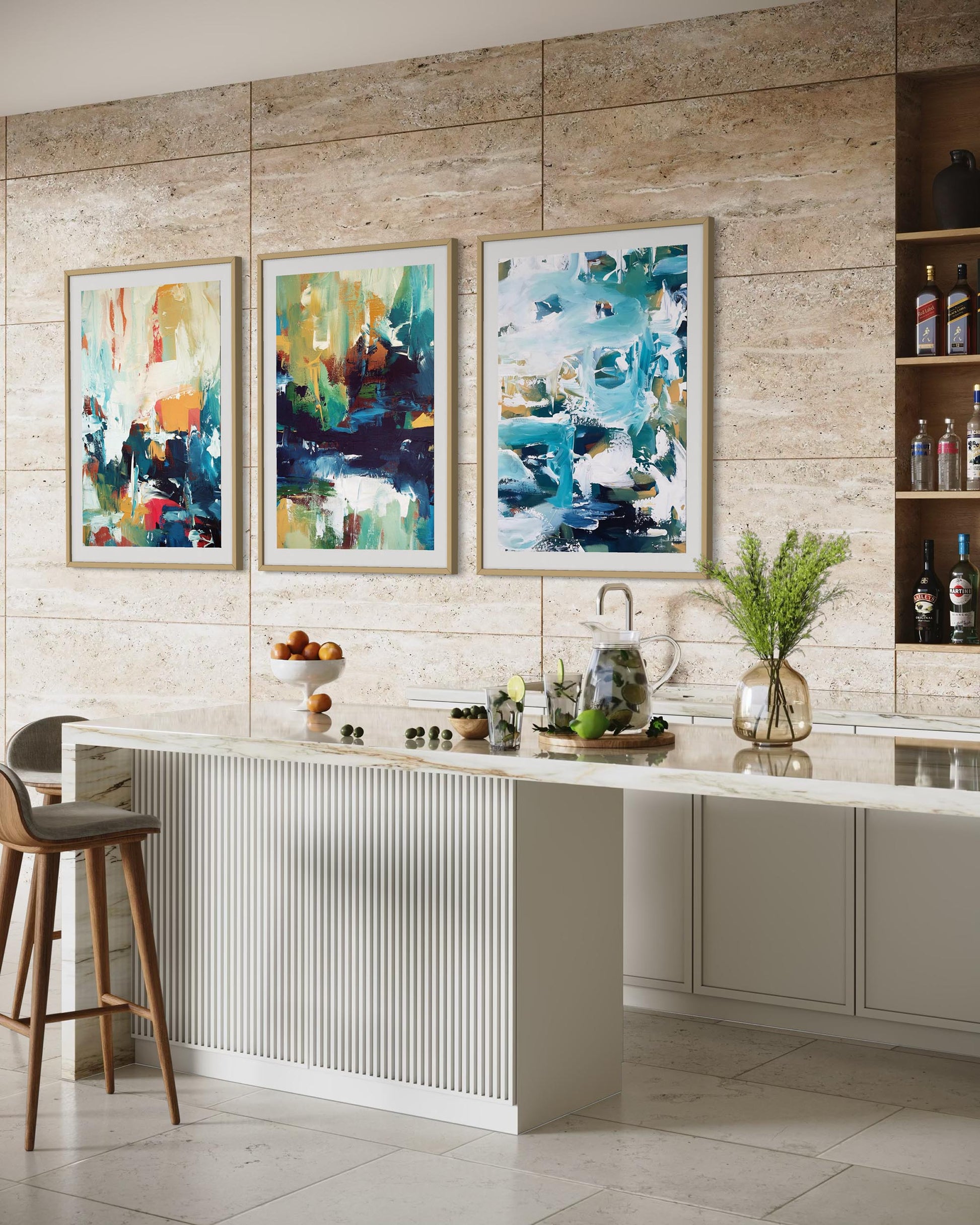 Modern kitchen with abstract art on the wall