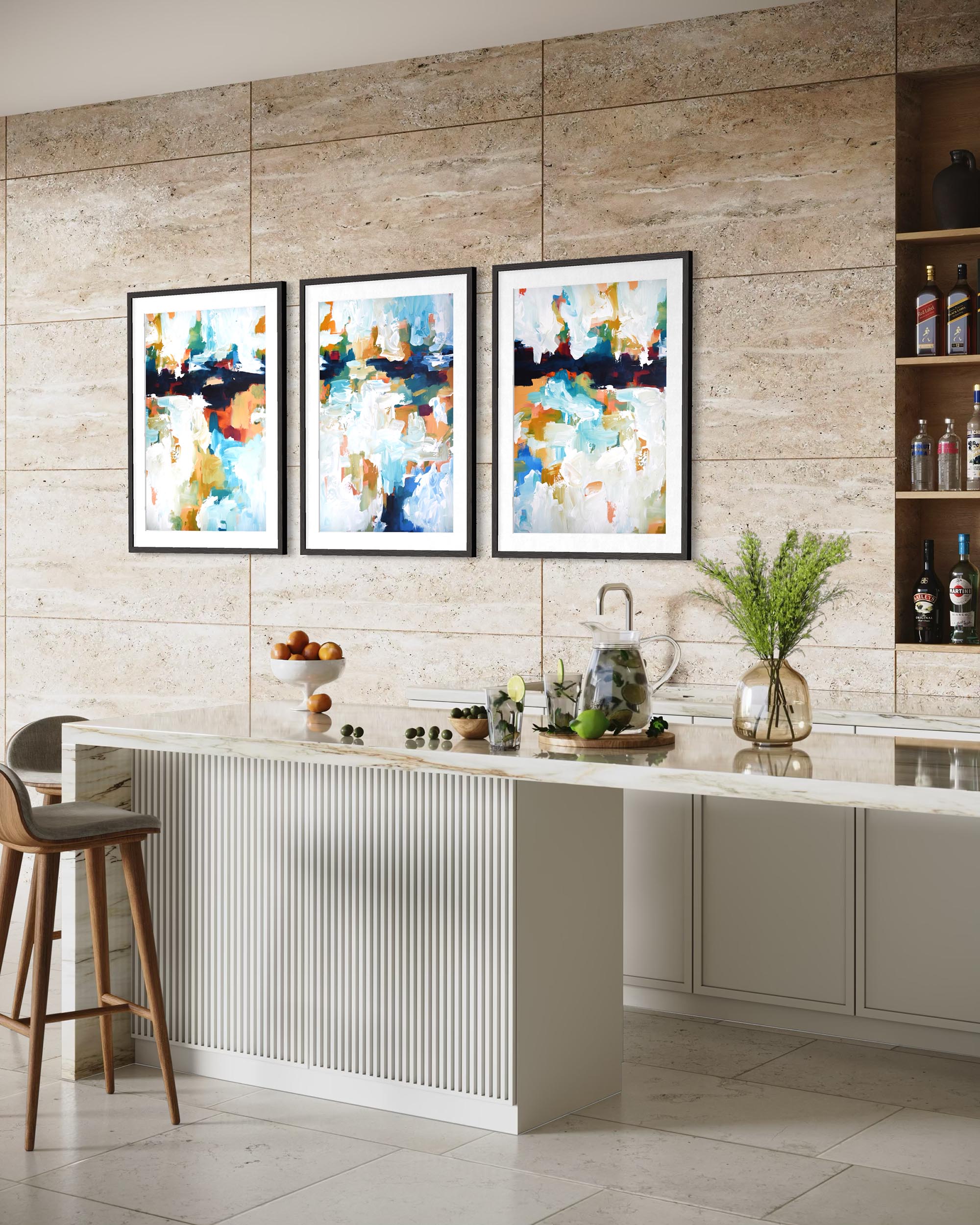 Modern kitchen with abstract art on the wall