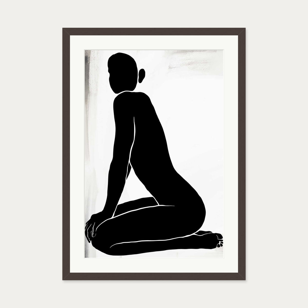 Kneeling Figure Line Art Print — 50 x 70 cm — Brown Frame