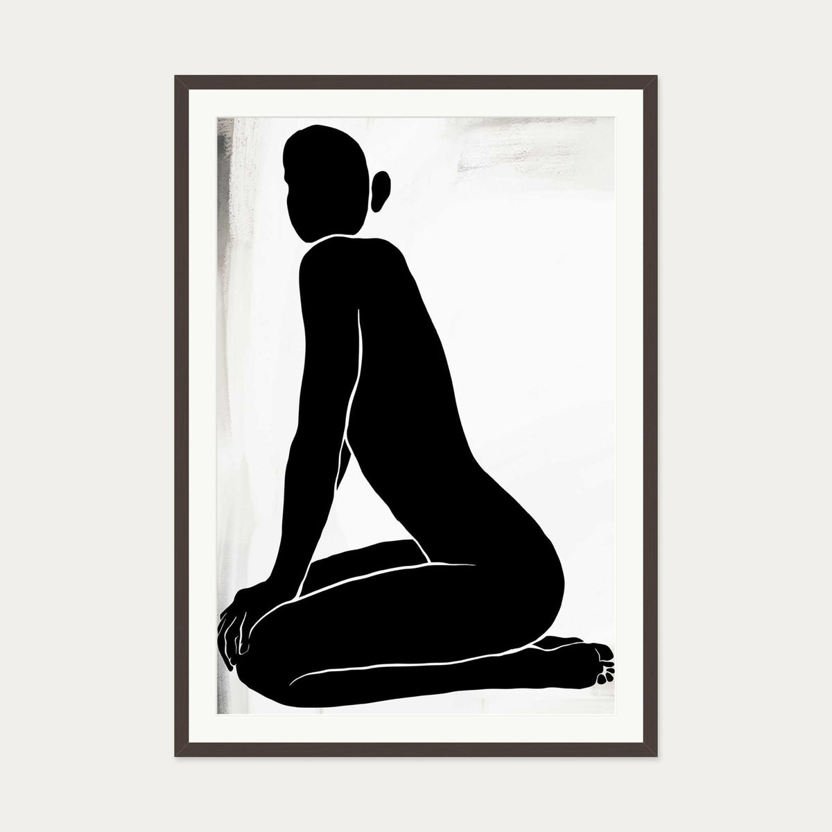 Kneeling Figure Line Art Print — 70 x 100 cm — Brown Frame