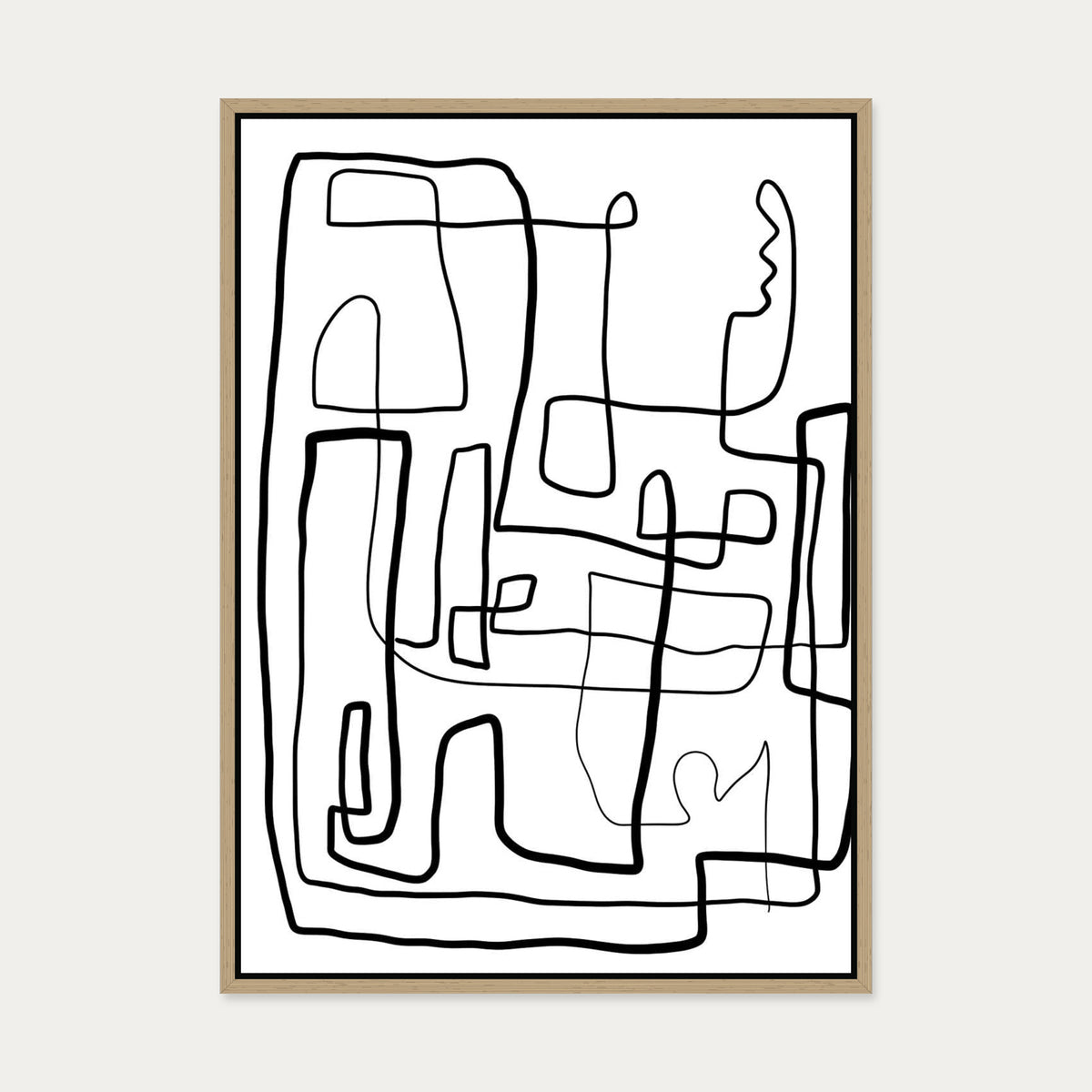 Monochrome Labyrinth Canvas Art — 50 x 70 cm — Oak Frame