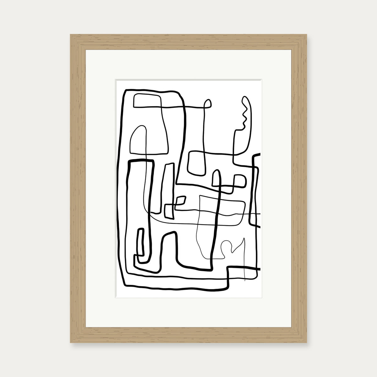 Labyrinth Line Drawing Art Print — 30 x 40 cm — Oak Frame