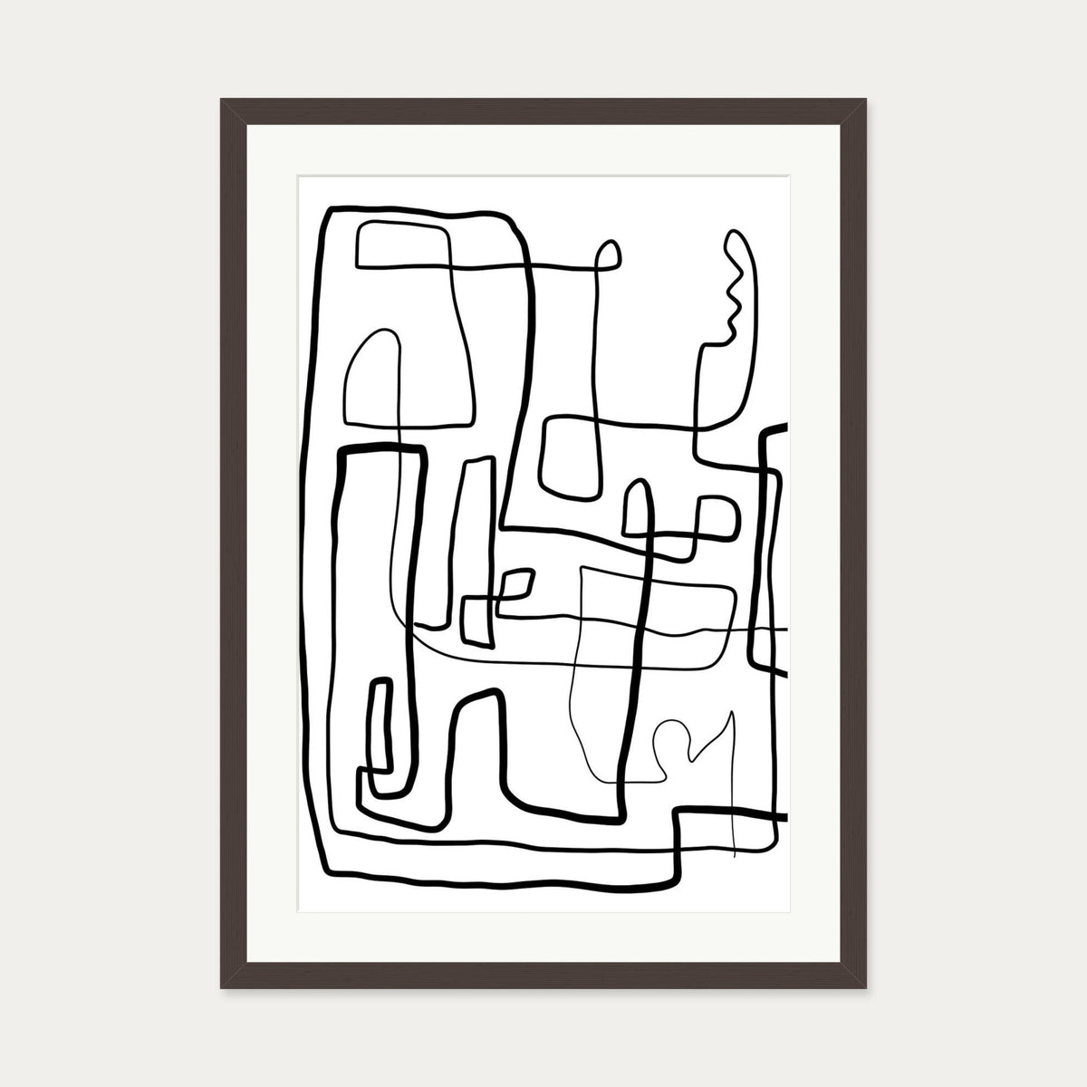 Labyrinth Line Drawing Art Print — 50 x 70 cm — Brown Frame