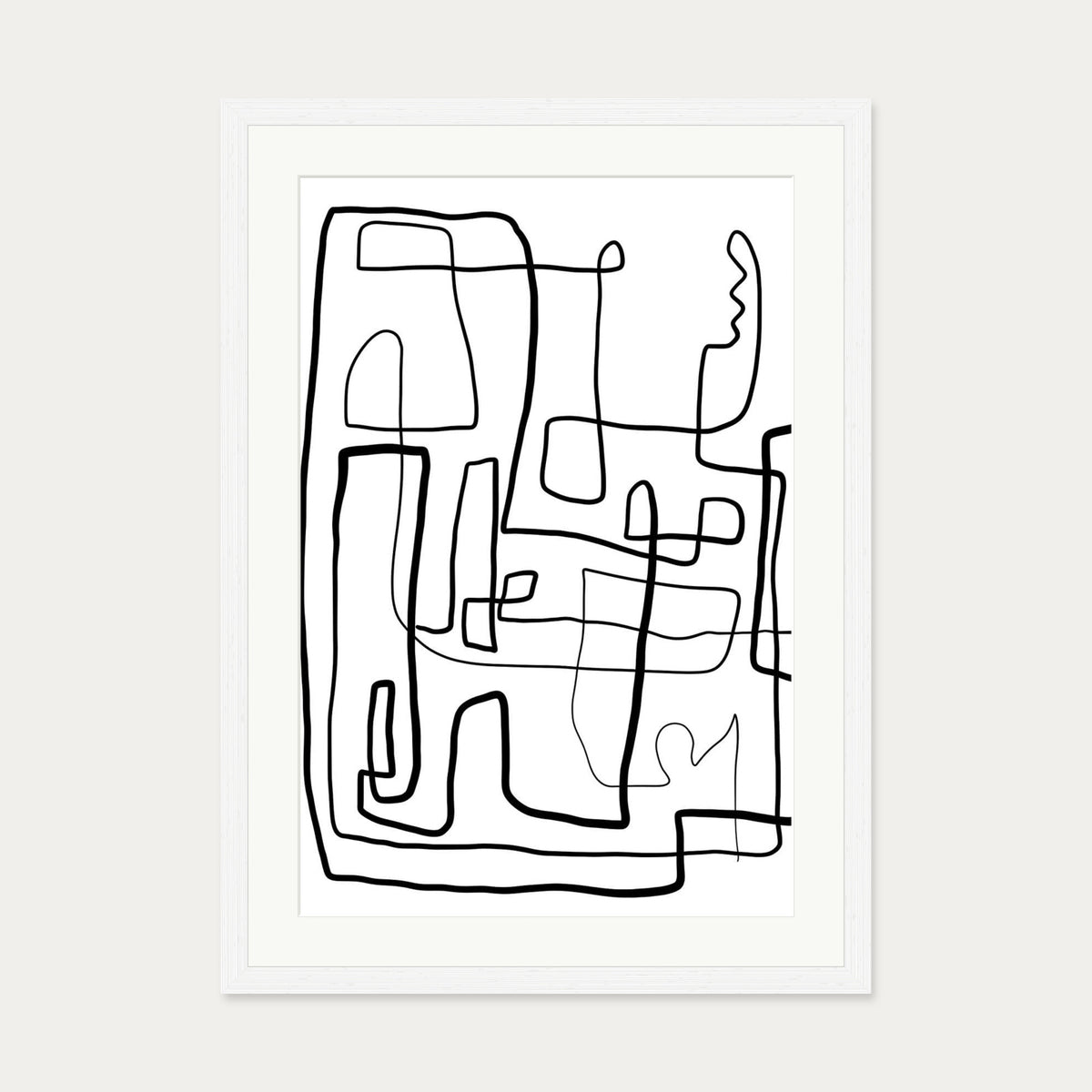 Labyrinth Line Drawing Art Print — 50 x 70 cm — White Frame