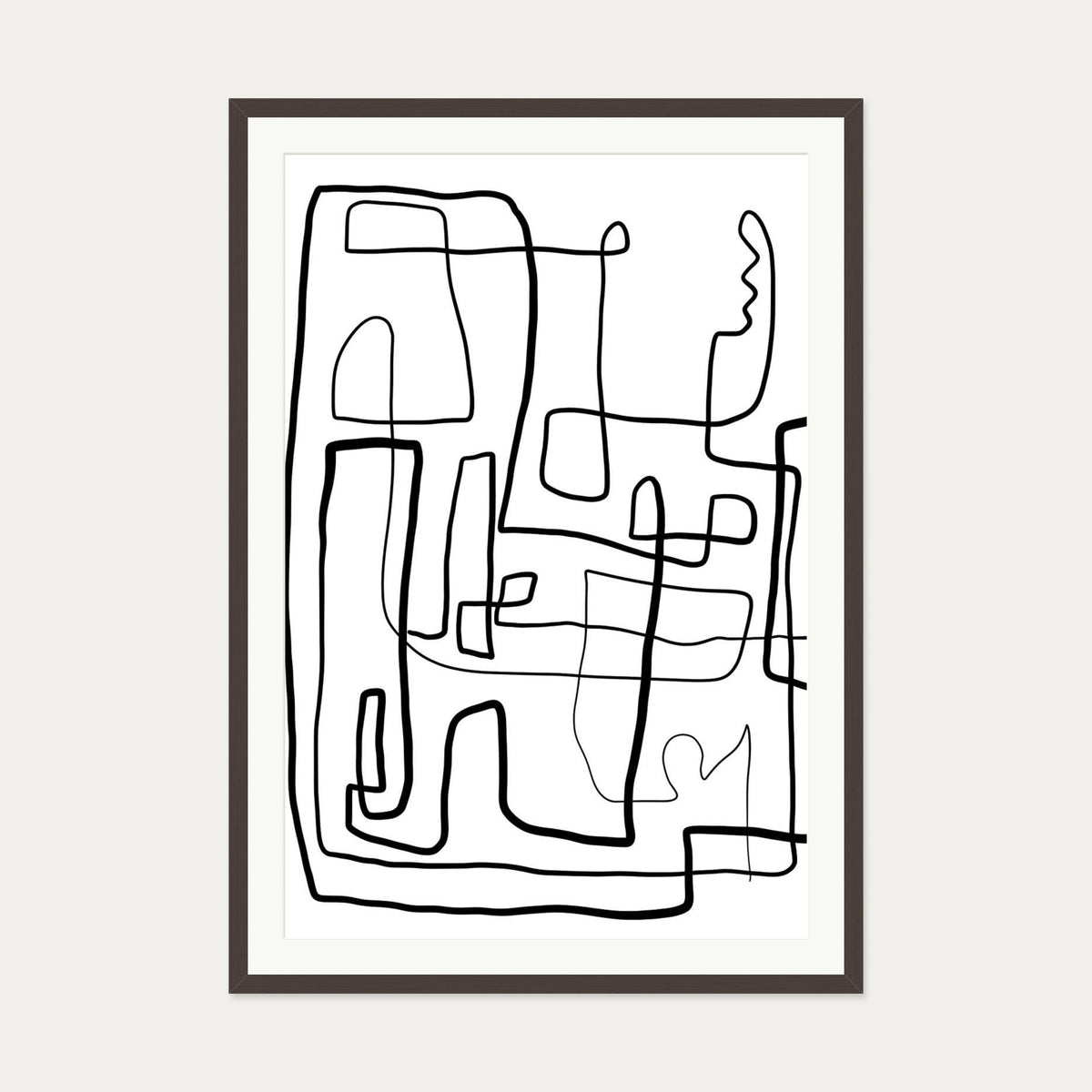 Labyrinth Line Drawing Art Print — 70 x 100 cm — Brown Frame