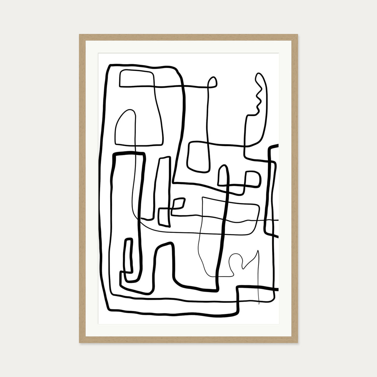 Labyrinth Line Drawing Art Print — 70 x 100 cm — Oak Frame