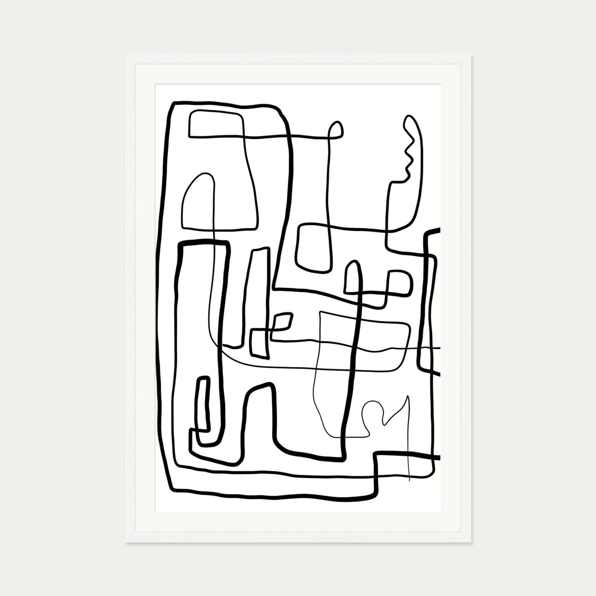 Labyrinth Line Drawing Art Print — 70 x 100 cm — White Frame