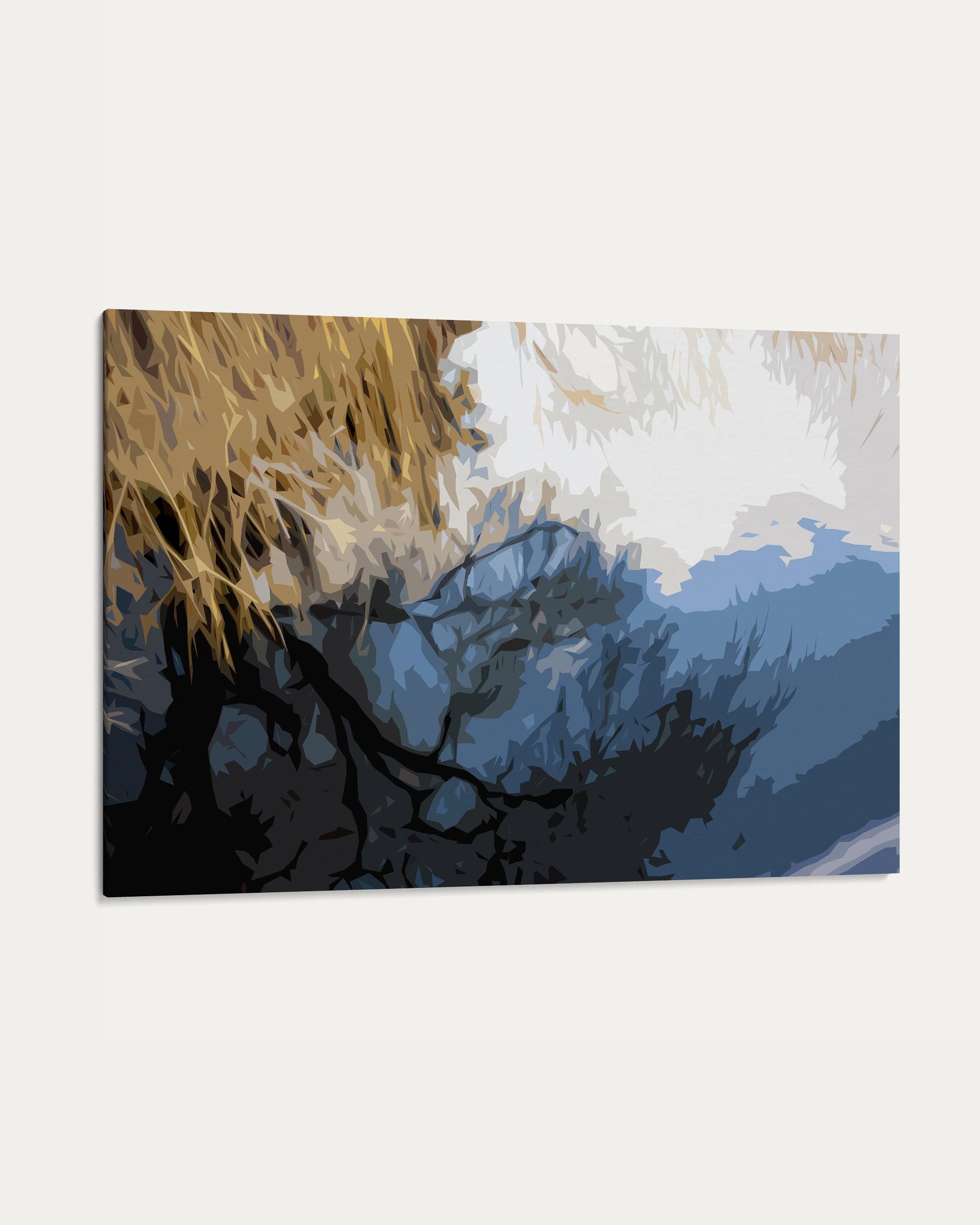 Abstract art piece with blue, black, and beige colors on a white background