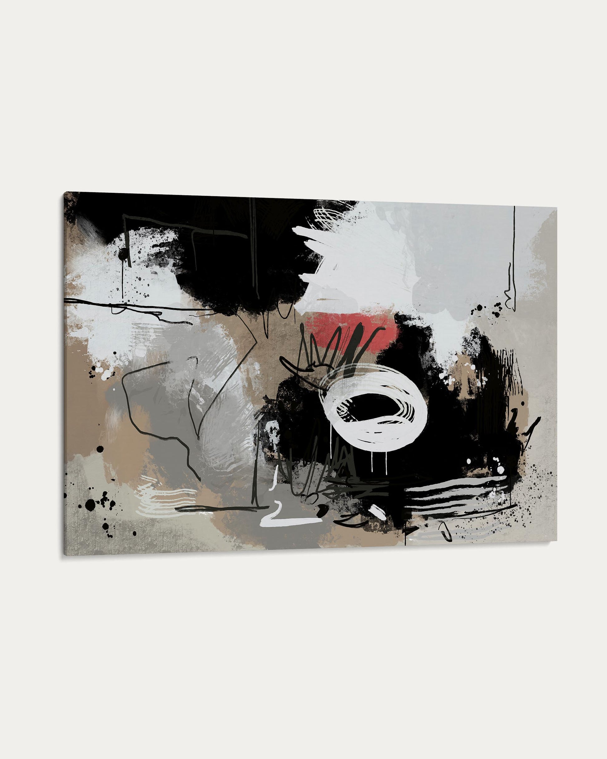 Abstract art piece with black, white, and red on a gray background