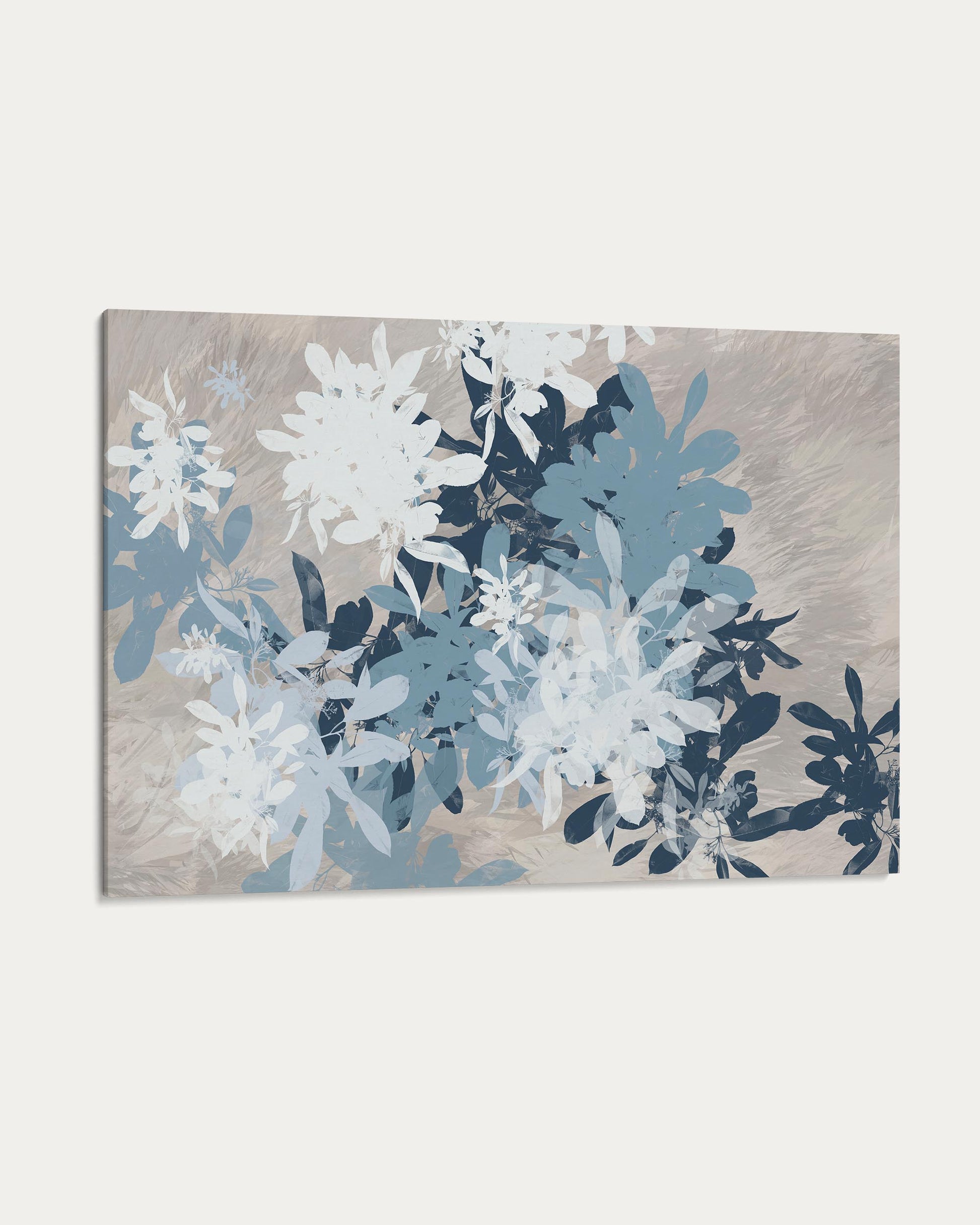 Floral painting with blue and white flowers on a beige background
