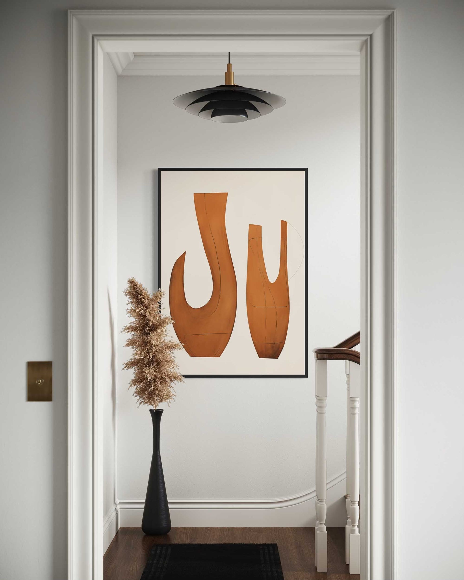Modern interior with abstract art on the wall, black vase with dried plant, and wooden floor.