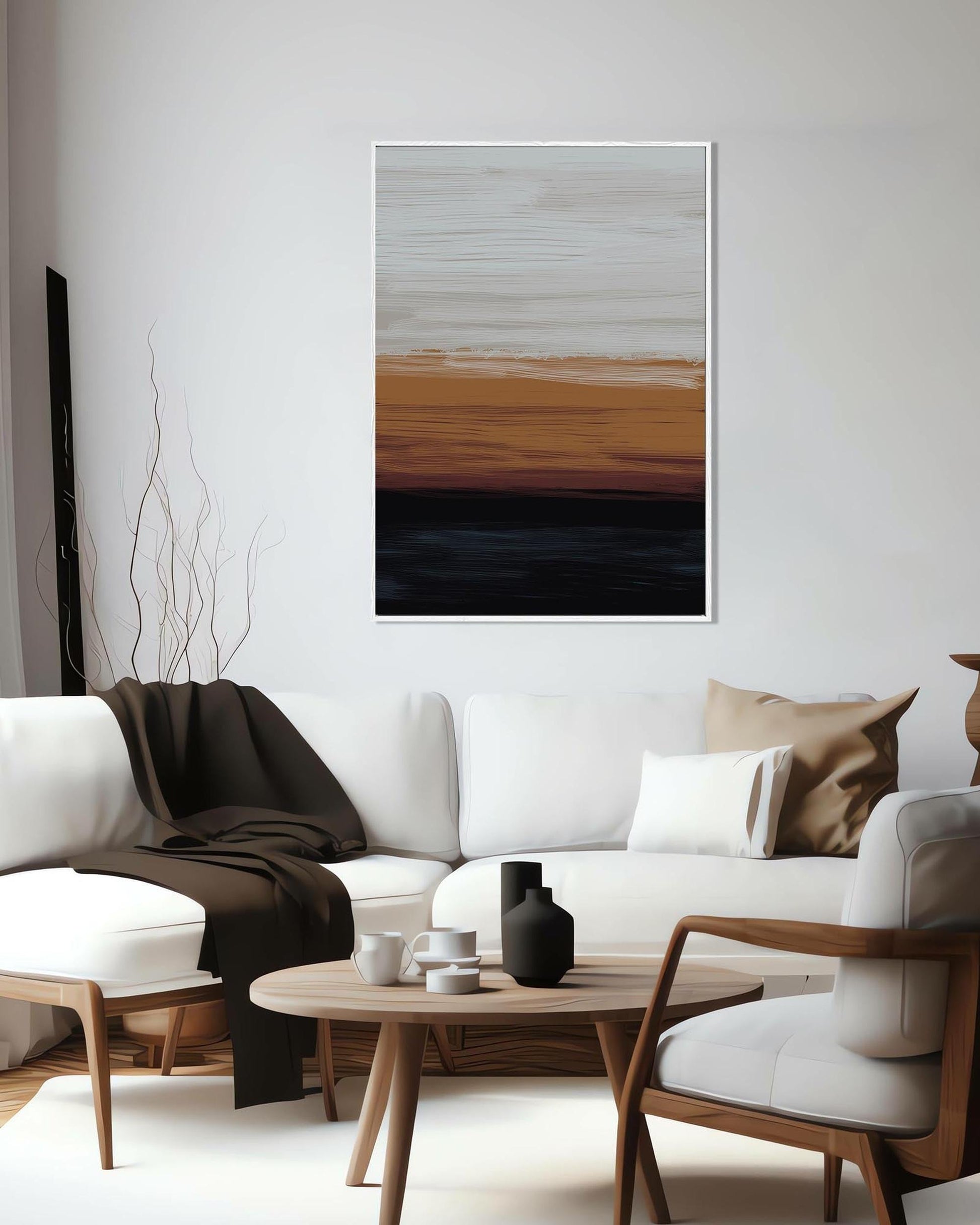 Modern living room with a white sofa, wooden coffee table, and abstract art on the wall.