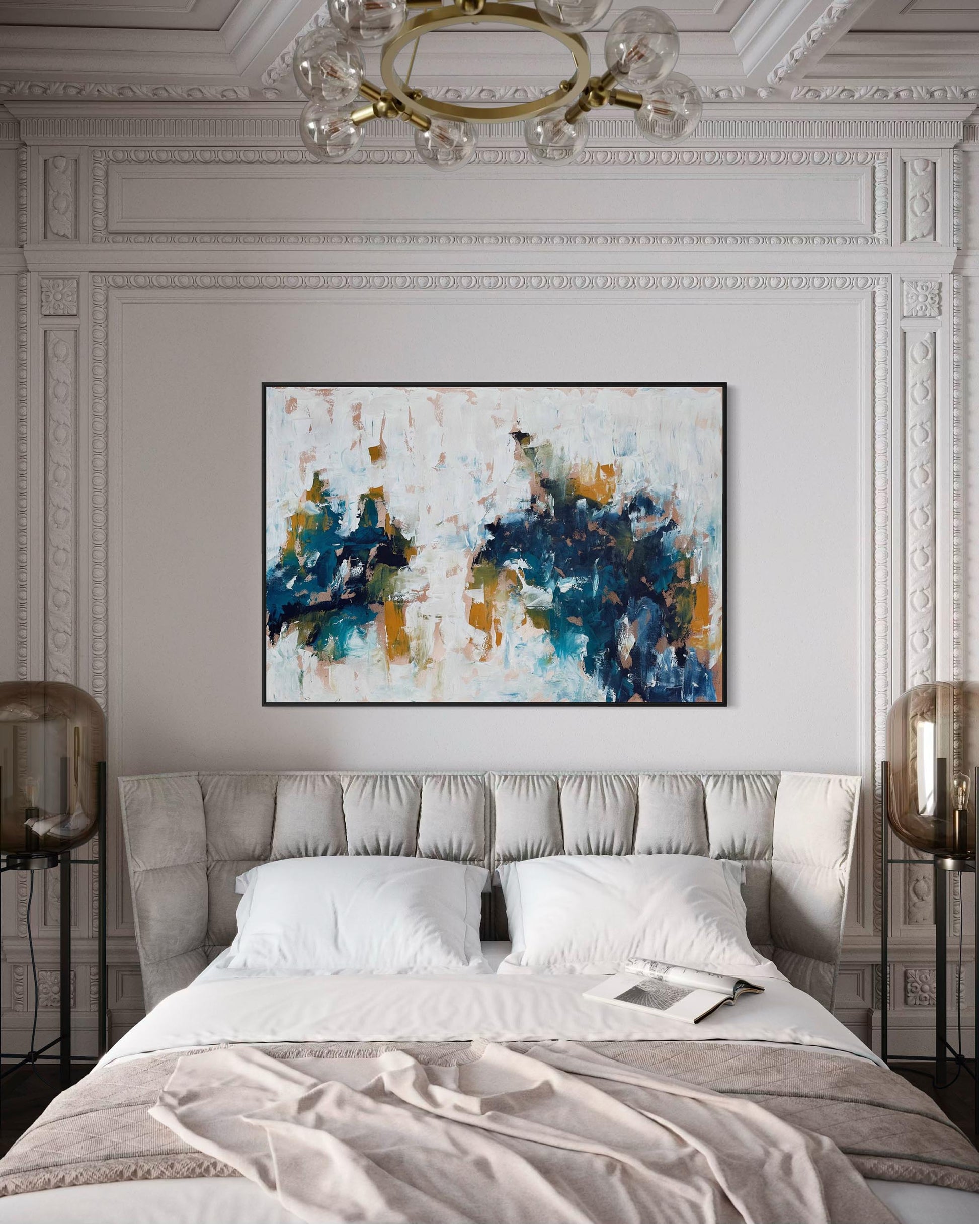 Modern bedroom with abstract art on the wall, bed, and decorative elements.