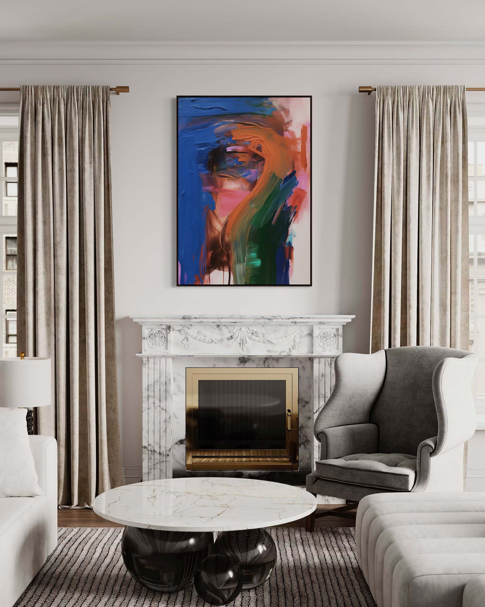Modern living room with marble fireplace, abstract art, and gray armchair.