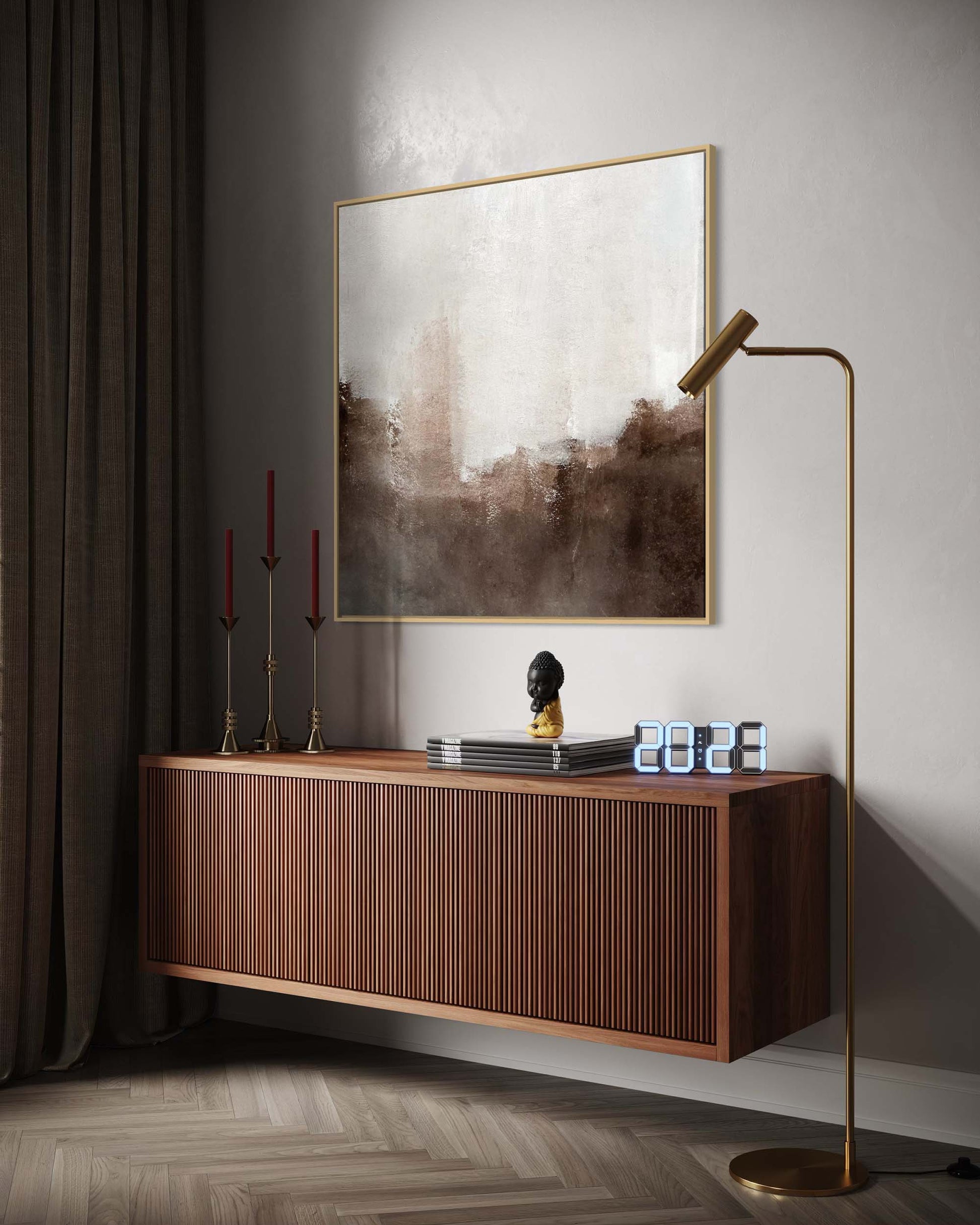 Modern interior with wooden sideboard, abstract art, and floor lamp.
