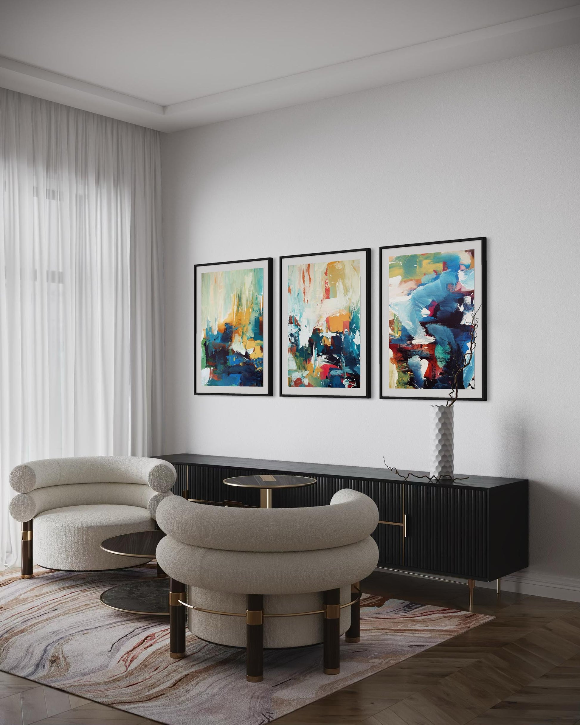 Modern living room with abstract art on the wall and stylish furniture.