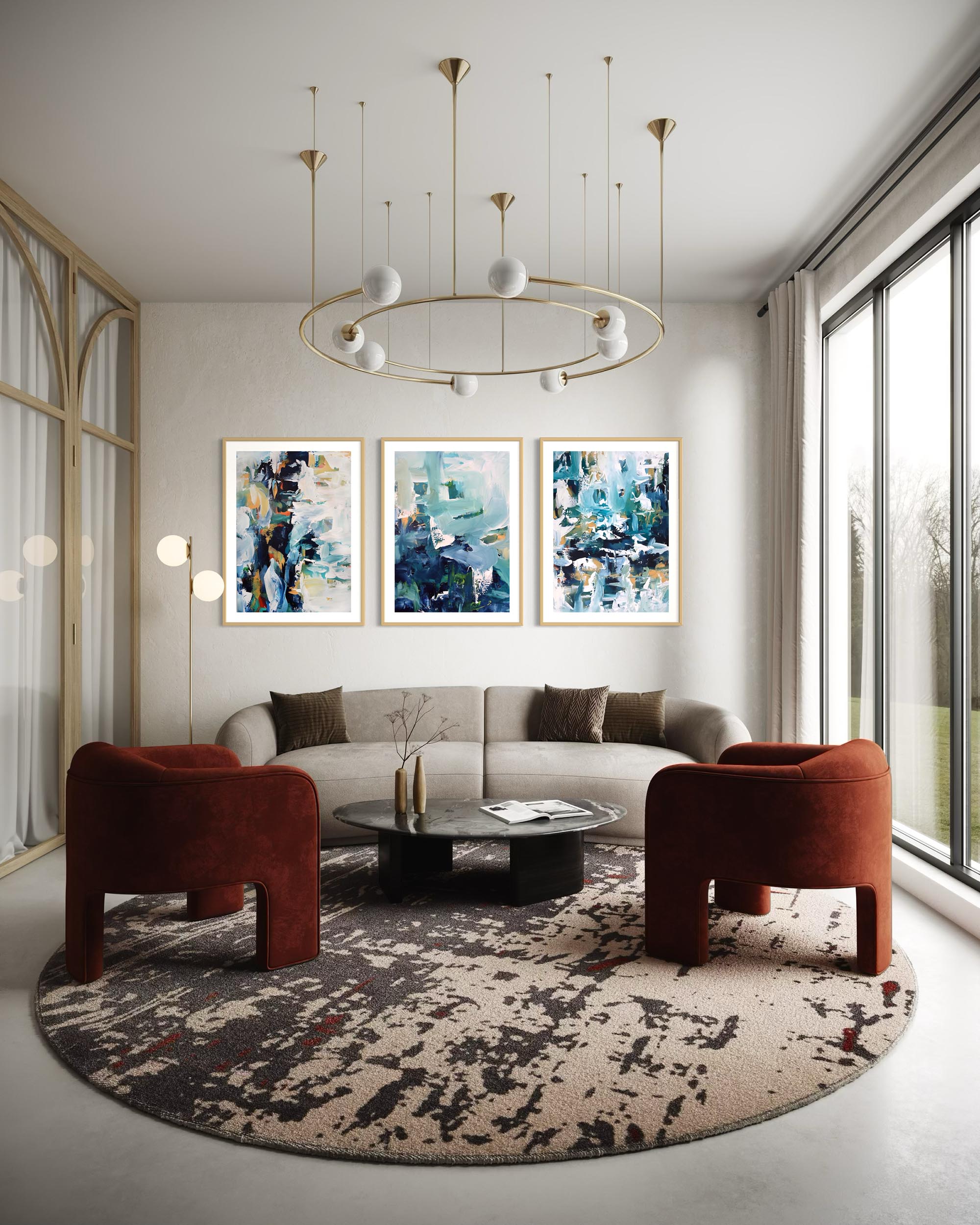 Modern living room with a round rug, brown chairs, and abstract art on the wall.