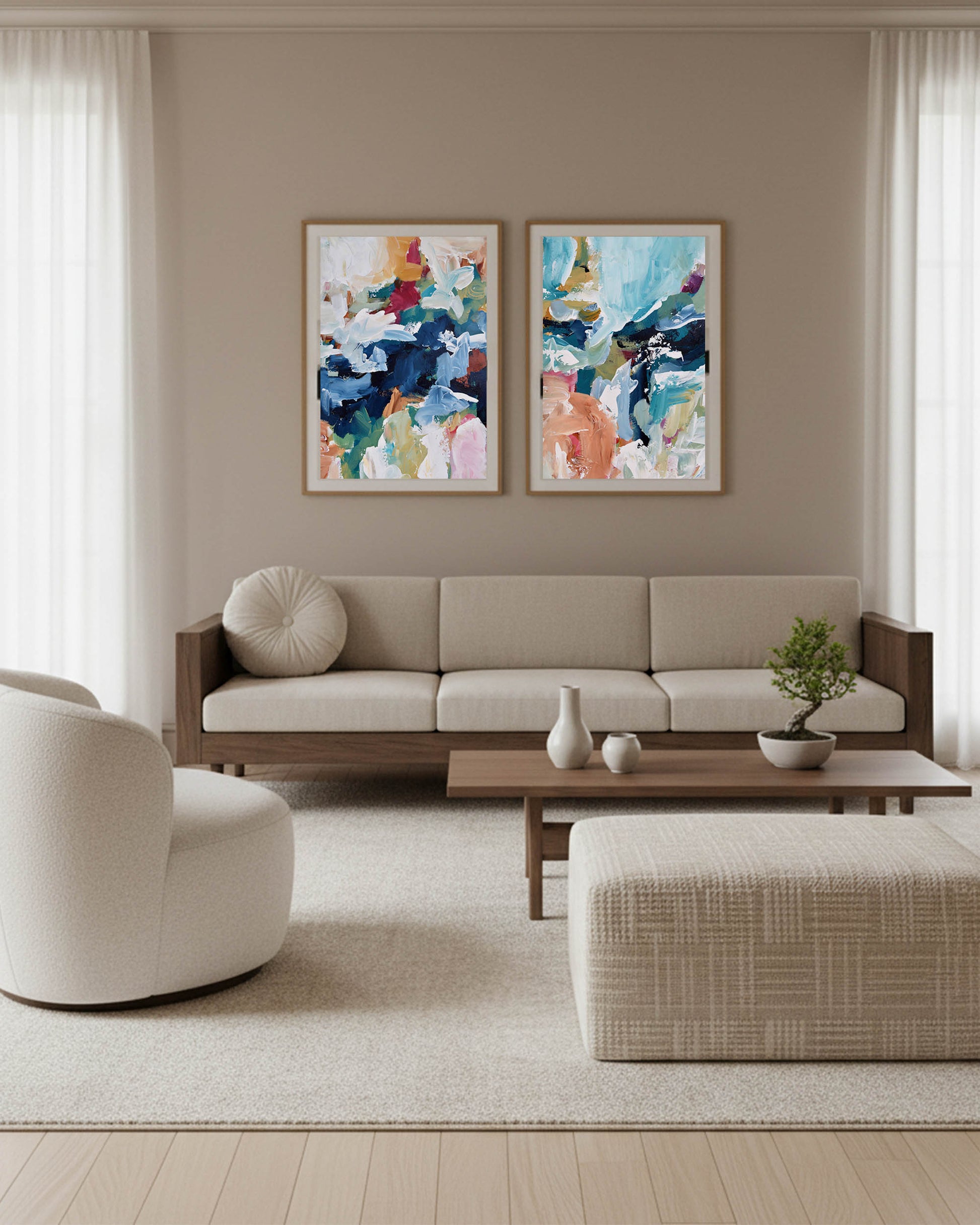 muted abstract wall art, blue and peach tones in frame on wall, in contemporary japandi living room