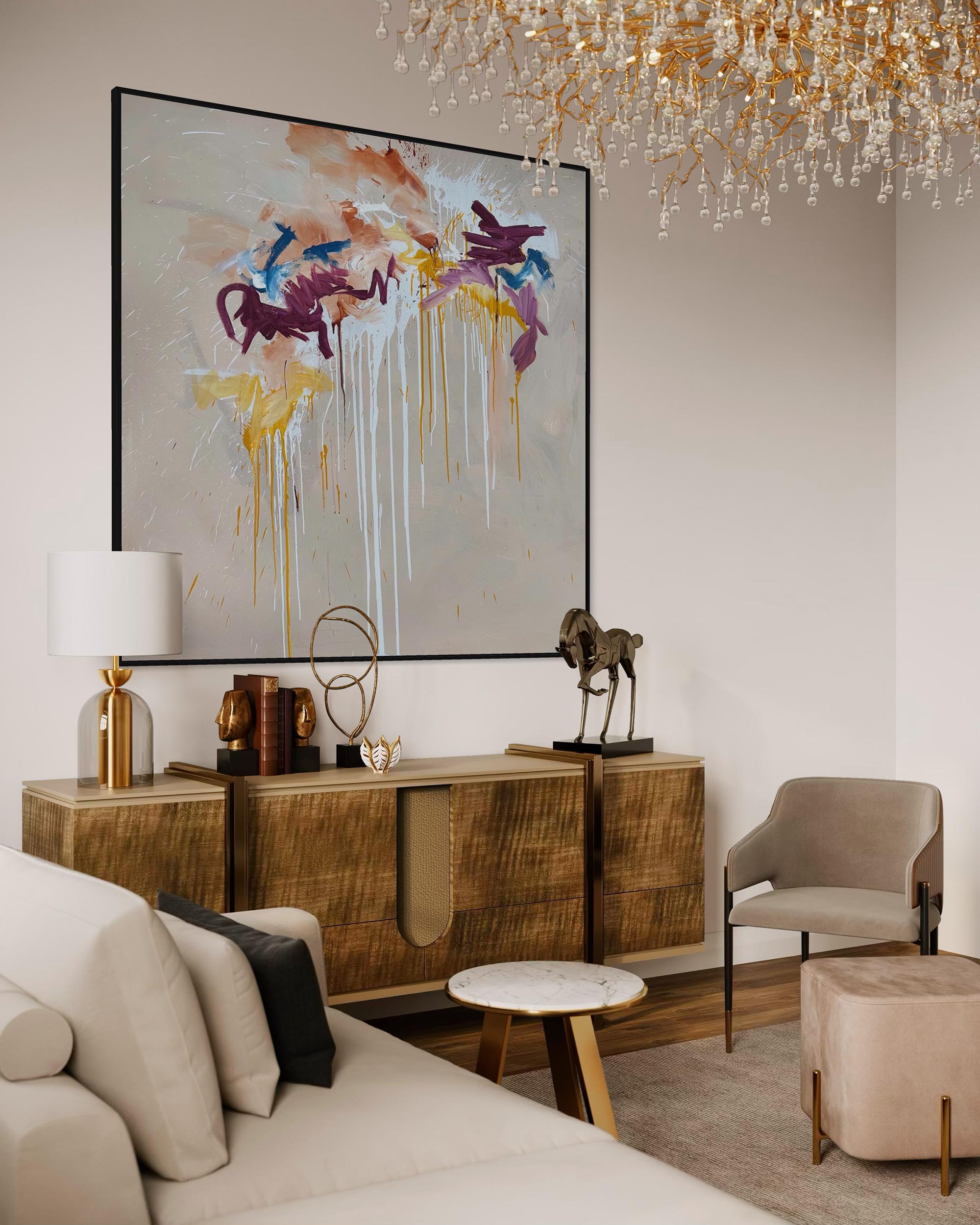 Modern living room with wooden console table, abstract painting, and chandelier.