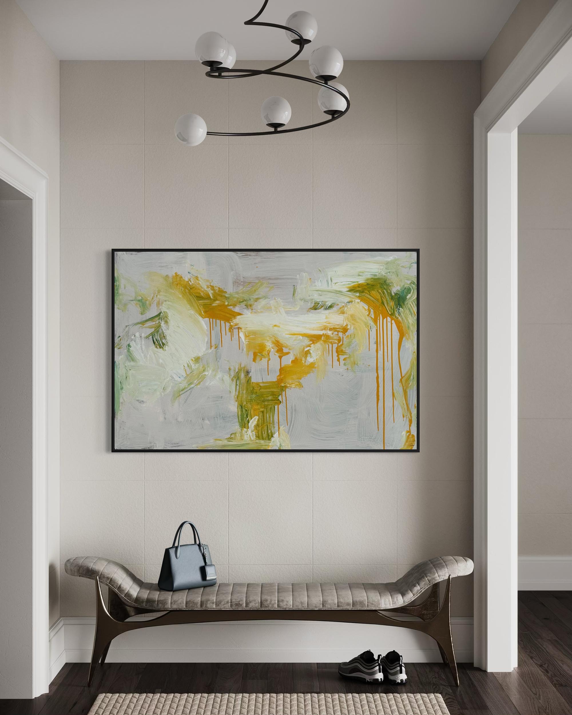 Modern interior with abstract art on the wall, bench, and chandelier.